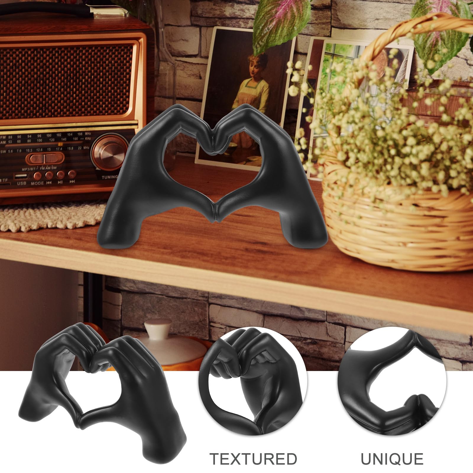 GANAZONO Scultura da Tavolo a Forma di Cuore Gesto della Mano in Resina Nera, Resistente e Robusta, Decorazione Elegante per Interni e Scrivania