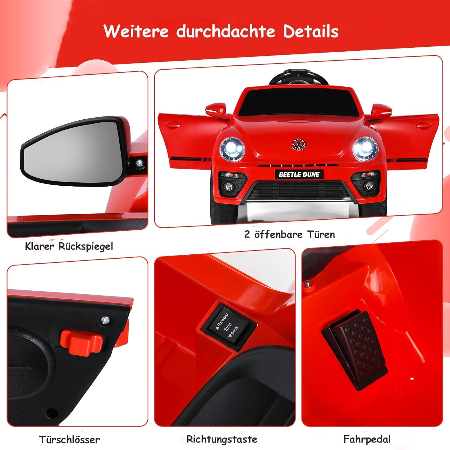 DREAMADE Elektroauto für Kinder, 12V Kinderfahrzeug mit 2,4G Fernbedienung, Kinderauto elektrisch mit LED-Licht & Musik & Sicherheitsgurt, Elektrofahrzueg für Kinder ab 3 Jahre (Rot)