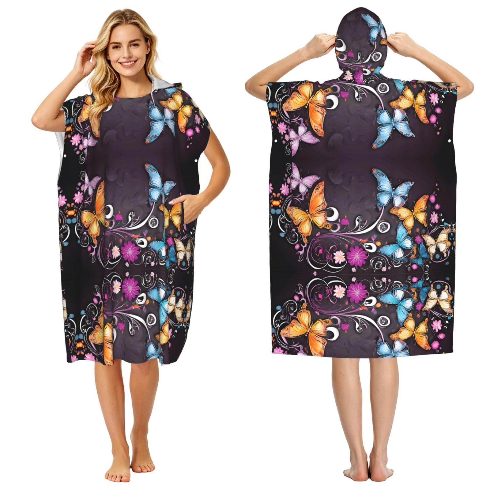 ESNAIUVCD Butterflies Print Changing Robe, Hooded Towel Poncho For Swimming Pool, Beach,Quick Dry & Light Weight Towelling Poncho For Adults Women Men