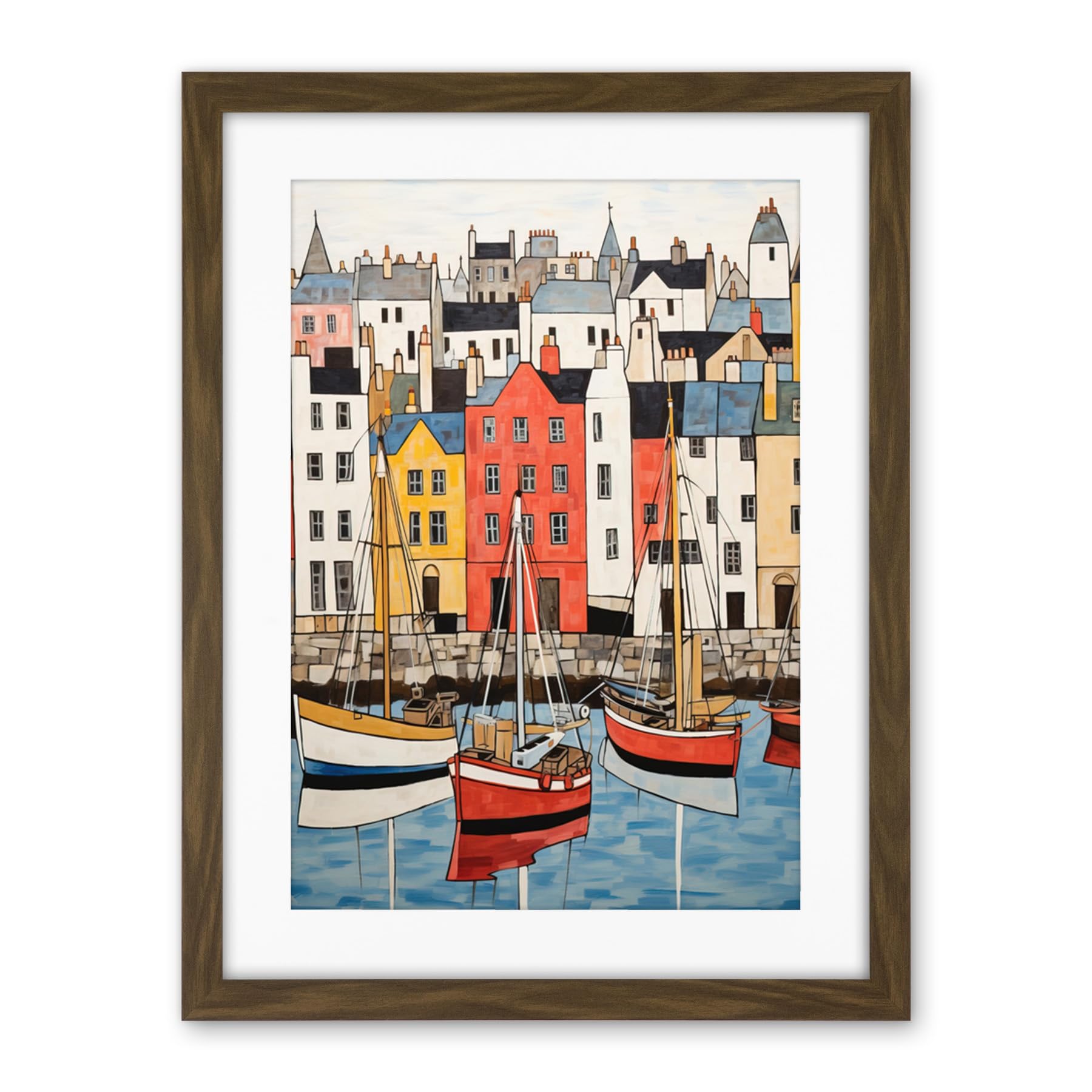 Artery8 Colourful Town Harbour Acrylic Painting Red Yellow Blue Fishing Boats Coastal Townscape Artwork Framed Wall Art Print 18X24 Inch
