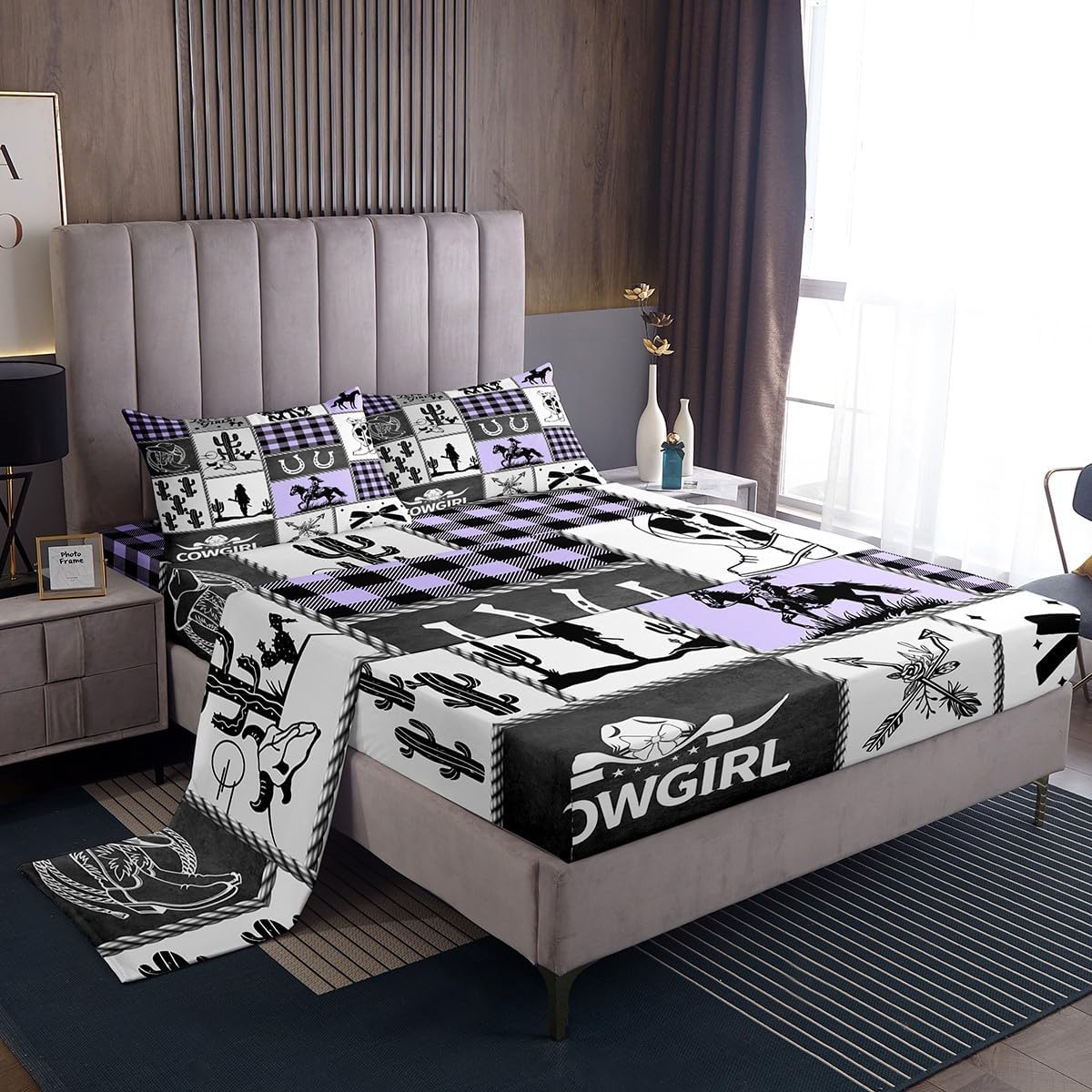 Western Cowgirl Sheet Queen Size,Cactus Horseshoe Cow Skull Rustic Farmhouse Bedding Set,Girls Women Room Decor,Bow Arrow Patchwork Camo Country Bed Sheet Set 4pcs(Fitted + Flat + 2 Pillowcases)
