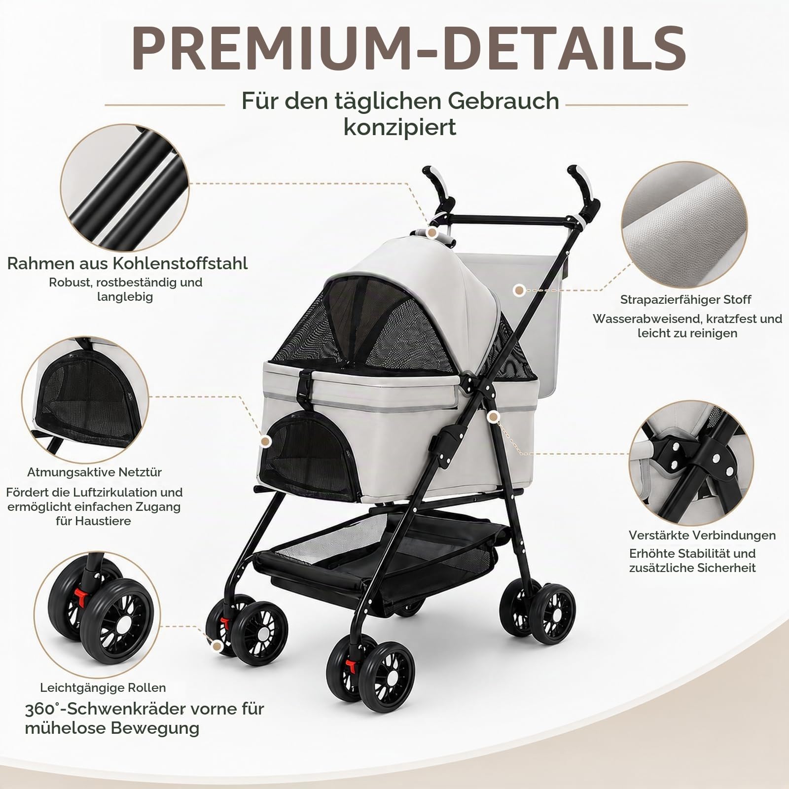 Haustierbuggy bis 20 kg, faltbar, mit Transportkorb, Schwarz | Für kleine Hunde und Katzen; mit Belüftungsfenstern und Stauraum, komfortabel für Spaziergänge und Reisen