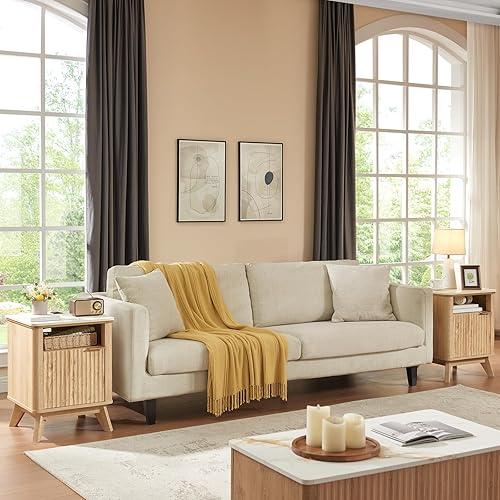 Miniatura 8 de QUW Mesita de noche acanalada con estación de carga, mesita de noche con almacenamiento abierto y gabinete, mesa auxiliar moderna de 18 pulgadas,