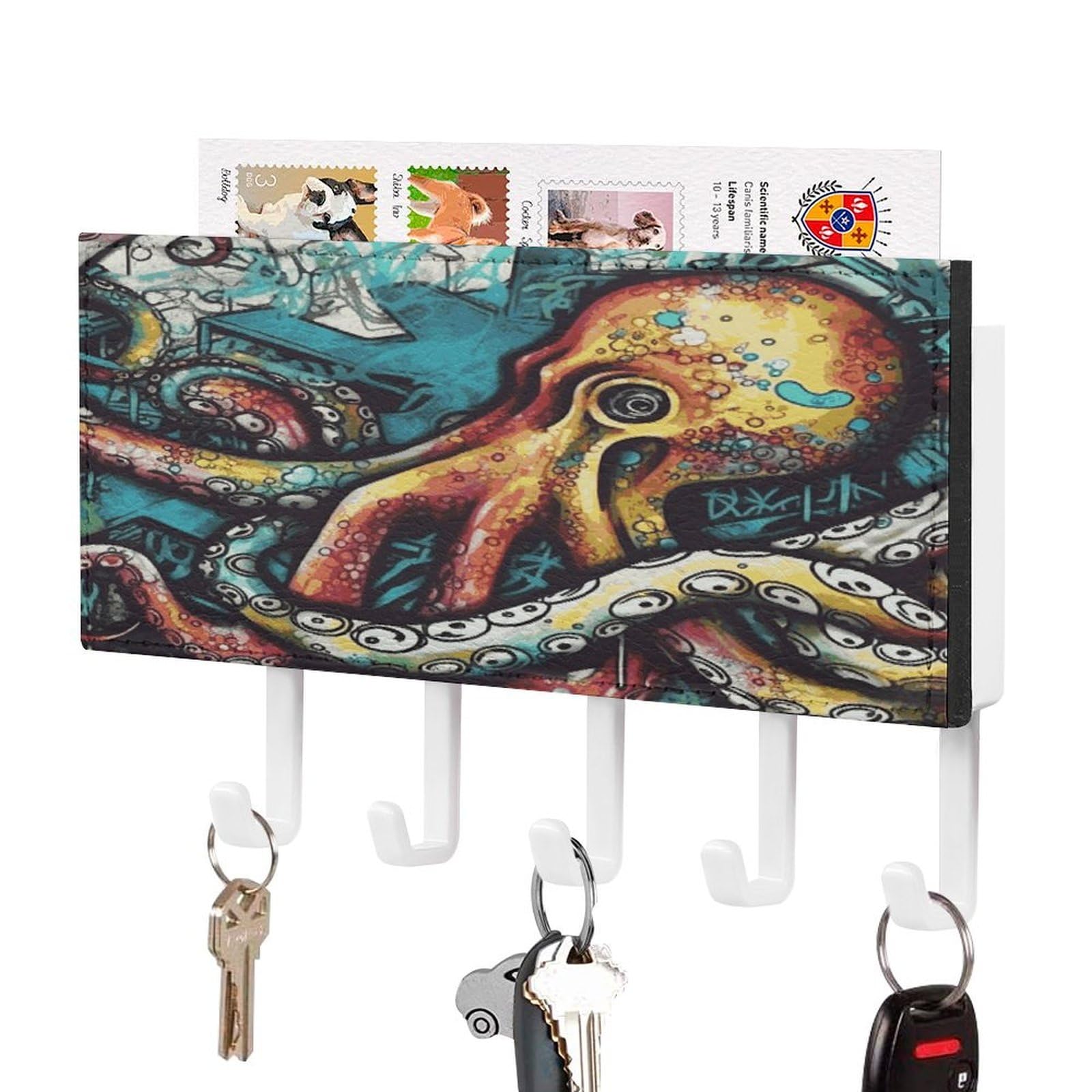 Fekiloot White-Style Color Graffiti Octopus Key Holder Wall Mount Key And Mail Holder Key Hanger With 5 Hooks Decorative Pu Key Rack Hanging Key Hooks For Wall Living Room Kitchen Bathroom Hallway