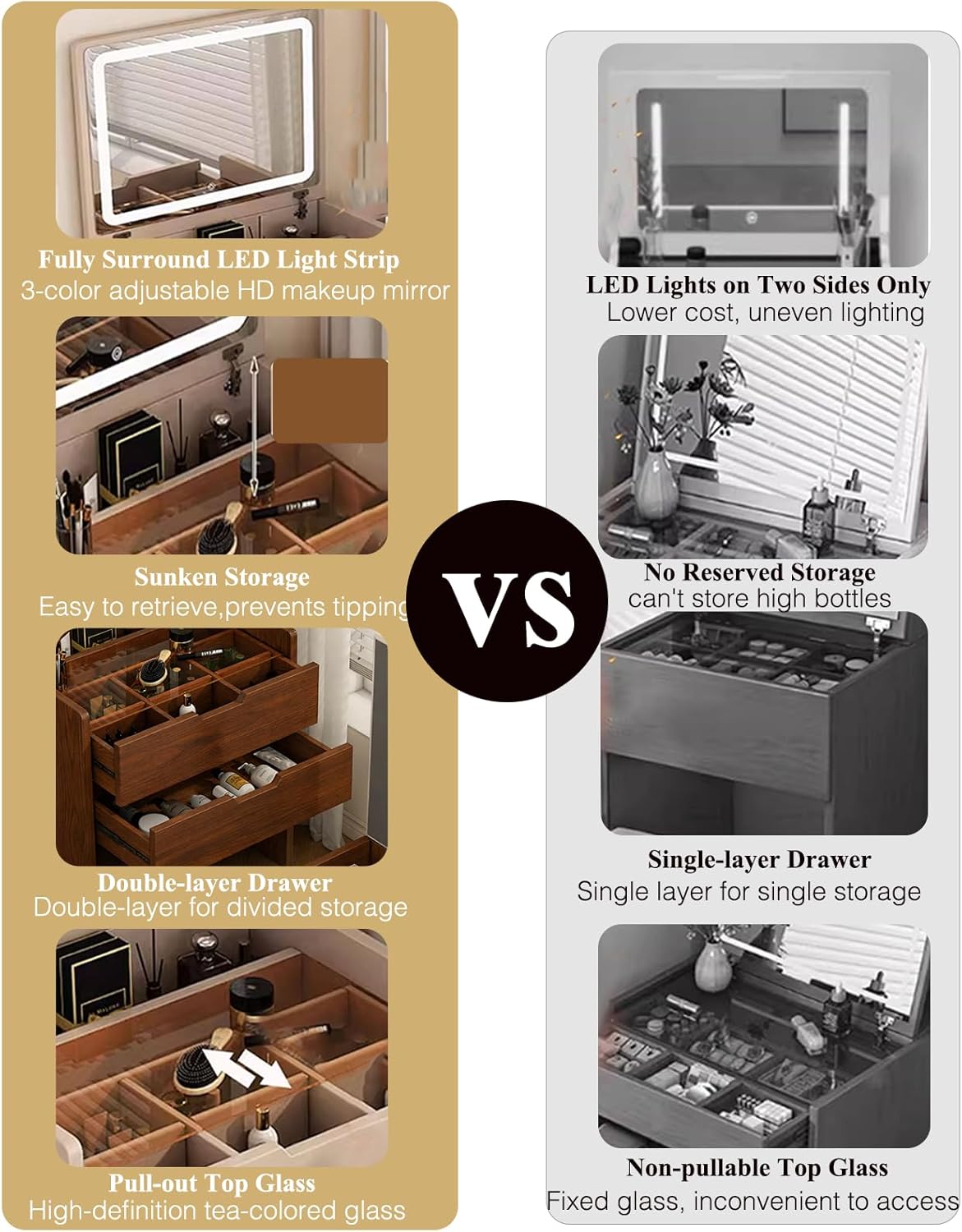 19" Makeup Vanity Desk with Flip Top Mirror and Light, 3 In 1 Compact Vanity with Hidden Stool Chair, Modern Dressing Table with Sliding Glass Top, Jewelry Organzier Storage For Small Space Bedroom