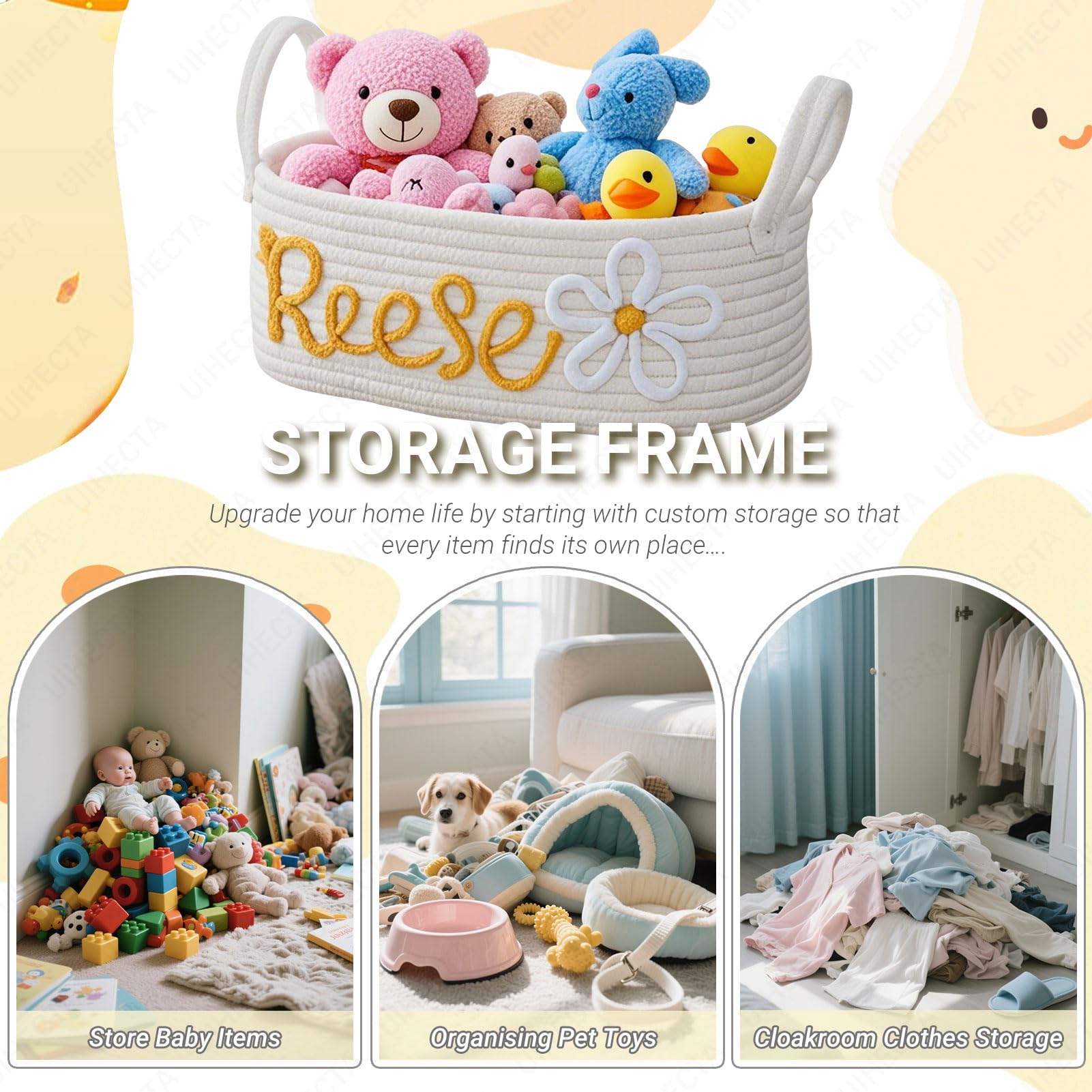 Cestino in Corda di Cotone Personalizzato, Cestino con Nome per Neonato, Contenitore per Articoli Essenziali per Cameretta, Regalo di Compleanno per Baby Shower, per Portapannolini