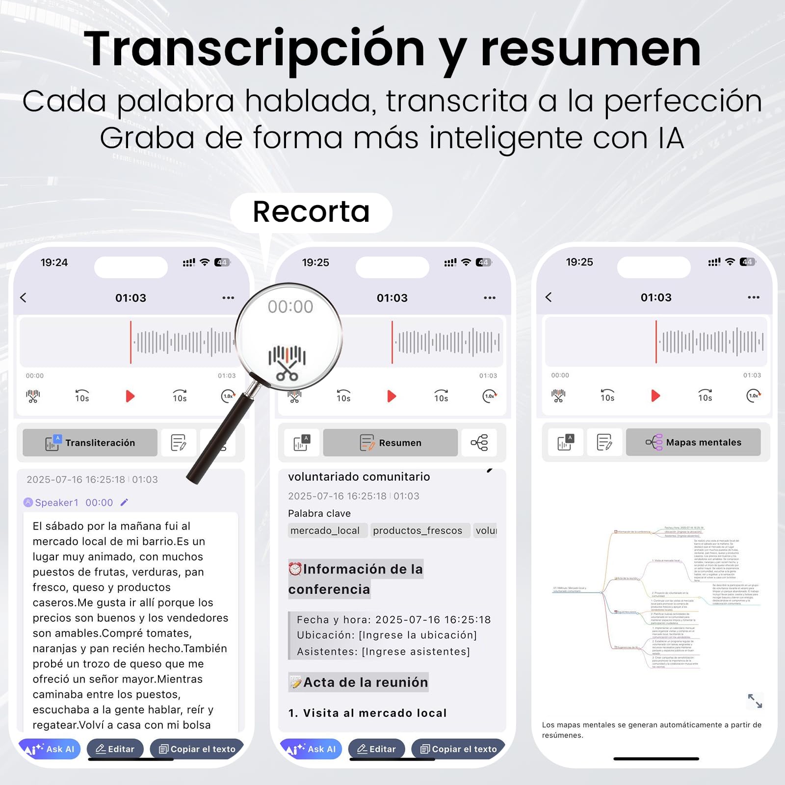 Grabadora de voz NEWYES Ailog IA con aplicación dedicada,transcripción y resumen,traducción a más de 188 idiomas, 64 GB de memoria para reuniones,conferencias, llamadas,negocios y clases