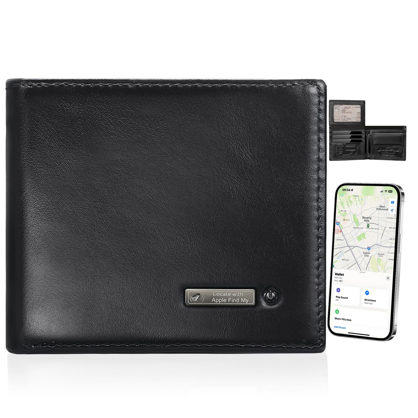 Smart Mens Wallet with Tracker, Only with Find MY APP(IOS), Front Pocket Wallets for Men, Slim Leather with 2 ID Window, Trackable Minimalist Credit Card Holder with Gift Box (Black)