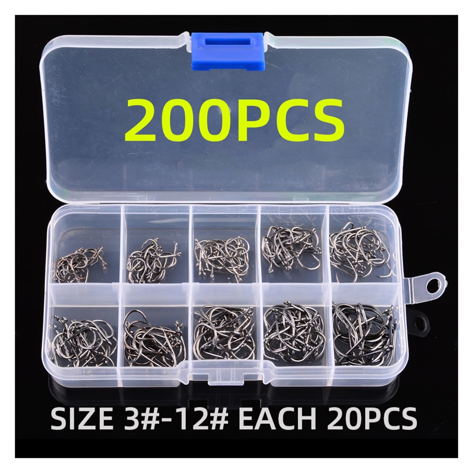 Angel-Jig-Haken, Angelhaken, for Salzwasser-Süßwasser-Angelausrüstung, Angelzubehör, Angelhaken-Set, Angelhaken aus Kohlenstoffstahl mit Widerhaken (Color : 200pcs Black Hooks)