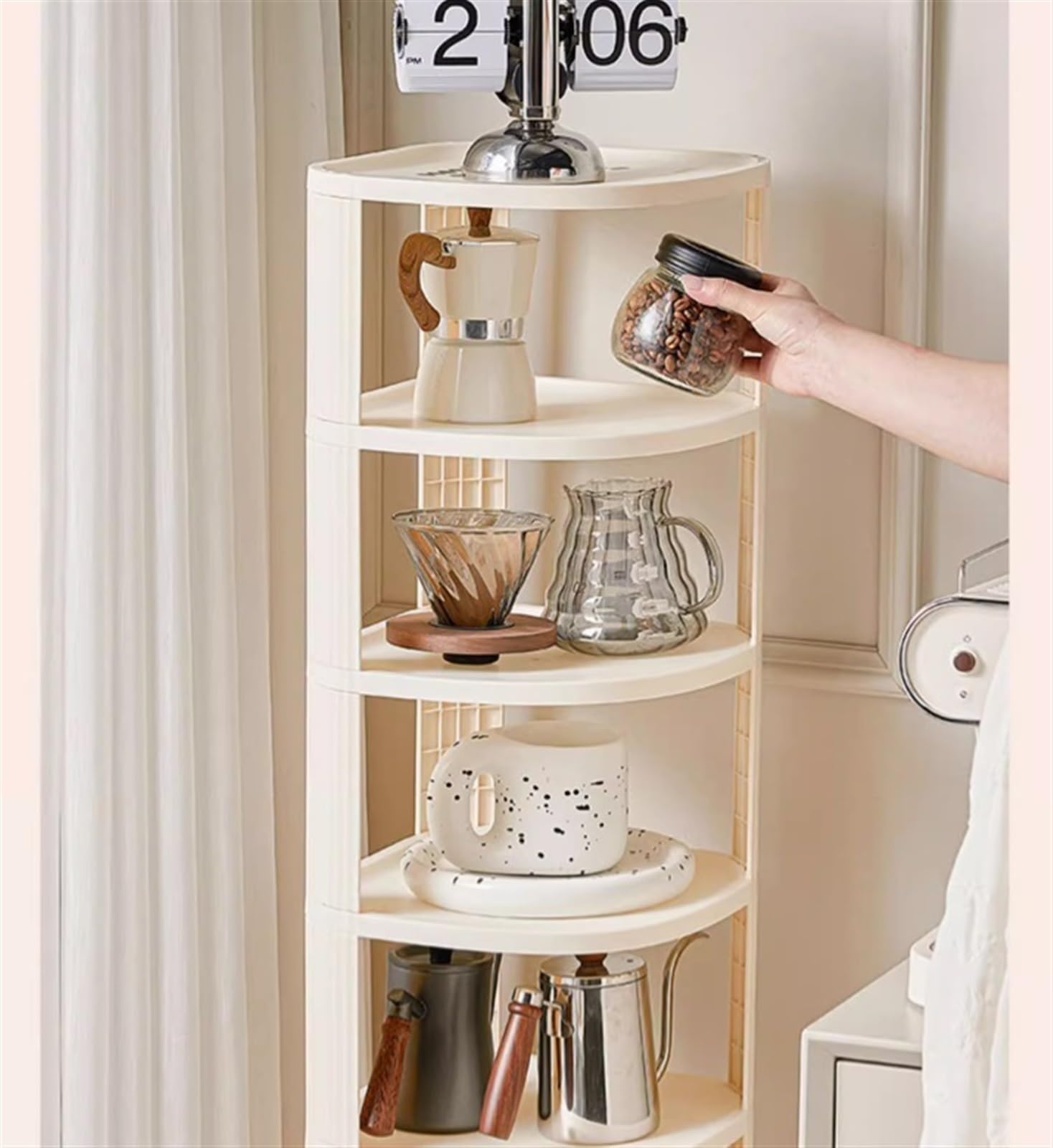 Scaffale angolare in plastica a 6 ripiani, per soggiorno, bagno, cucina, multiuso, per scarpe, libri, piante, salvaspazio, per camera da letto e ufficio.