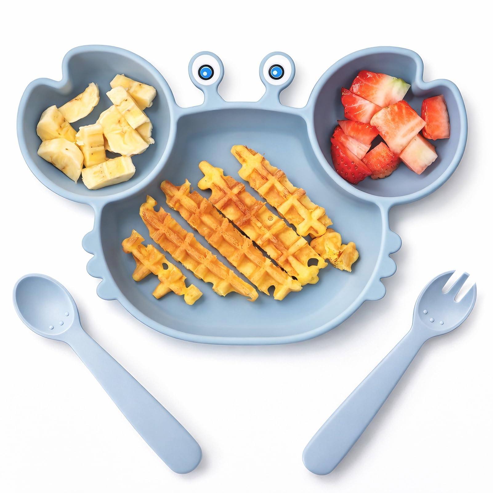 ROCCED Suction Plates for Baby, Silicone Plates with Suction Divided, Baby Spoon Fork Set for Toddler Baby Dishes Kids Utensils-Crab Dusty Blue