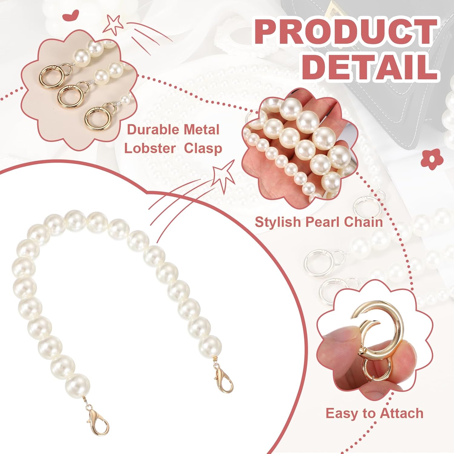 uxcell Imitation Pearl Purse Strap, 16" Bag Extender Chain with Lobster Buckle Handbag Purse Chain Replacement Beaded Strap for DIY Handbag Hang Bag Accessories, 18mm Gold - Image 3