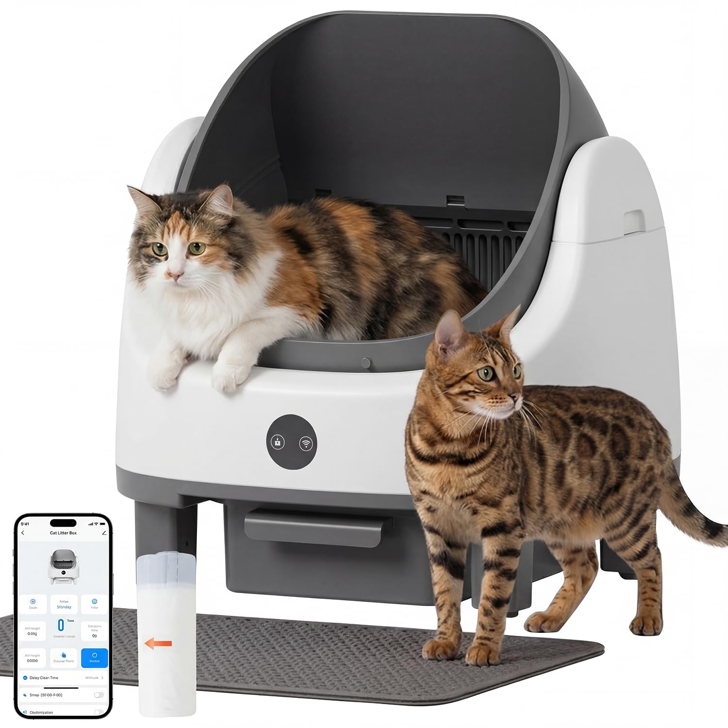 Selbstreinigende Katzentoilette,Katzenklo Selbstreinigend mit Sicherheits und Geruchskontrolle, Automatischer App-Steuerung für Katzen, Inklusive Katzenstreumatte, Müllbeutel und Duftbox