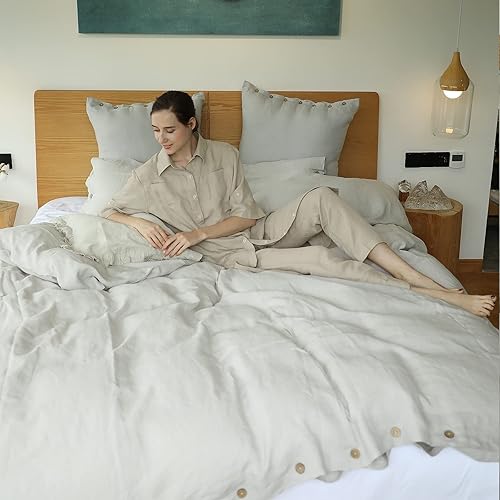 Miniatura 9 de Simple&Opulence - Juego de funda de edredón 100 % lino, 3 piezas con cierre de botón de coco, de lino francés lavado, color liso, suave,