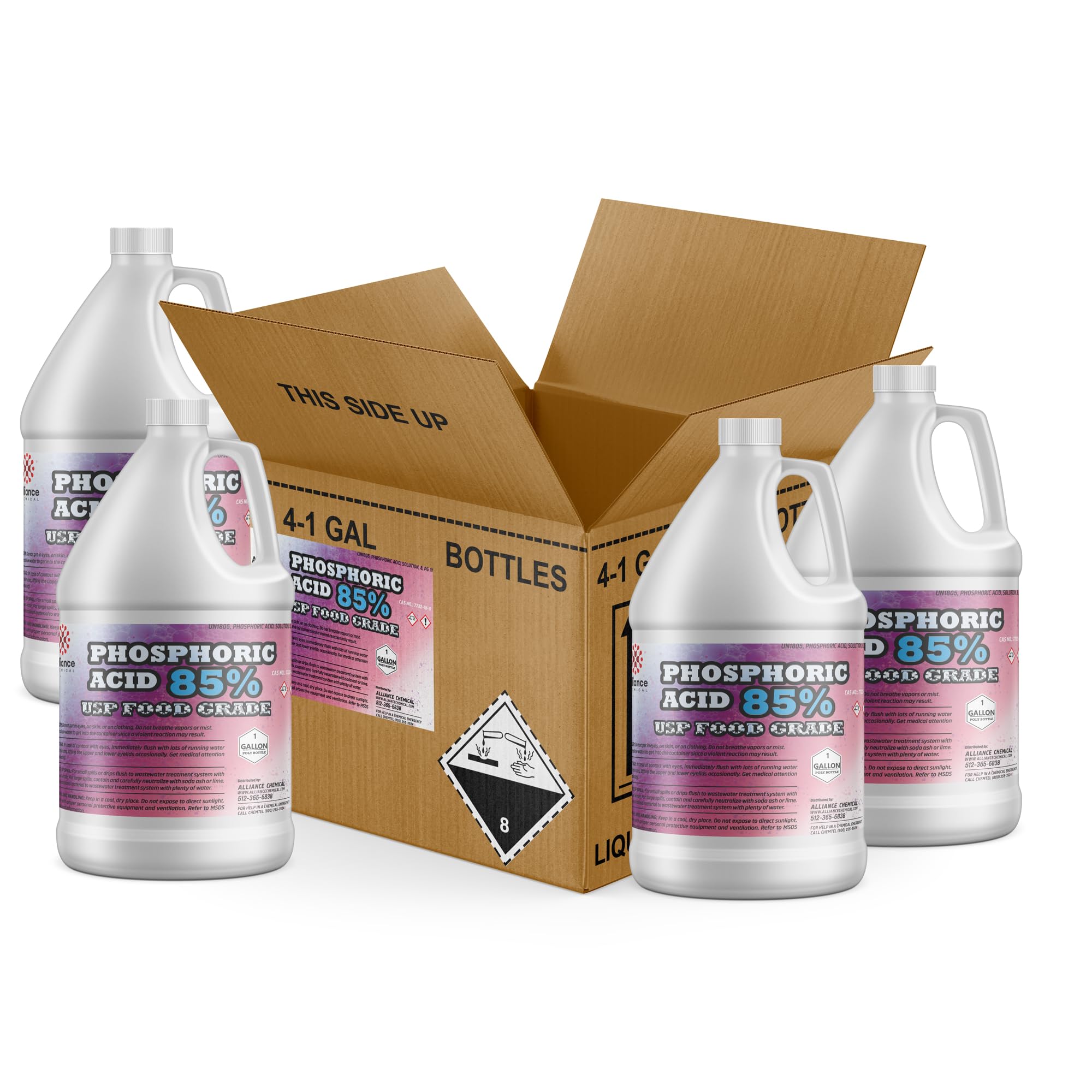 Phosphoric Acid 85% USP Food Grade - 4 Gallons Case - Uses: PH Control and Adjustment, Food & Beverage, Activating Agent, Personal Care, Pharmaceutical, Agriculture - Alliance Chemical