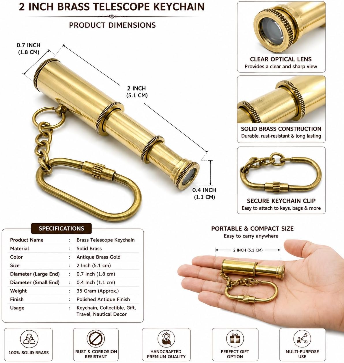 Vintage Brass Mini Telescope Keychain, Portable Pocket Spyglass with Carabiner Clip, Handmade Nautical Pirate Monocular Telescope for Travel, Camping & Gift