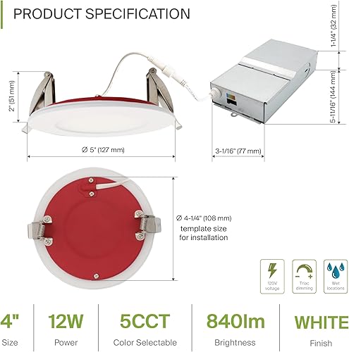 Miniatura 2 de ASD Luz empotrable con clasificación de fuego de 4 pulgadas, 5 colores 2700 K3000 K3500 K4000 K5000 K, 840 lúmenes, clasificación de fuego de 2