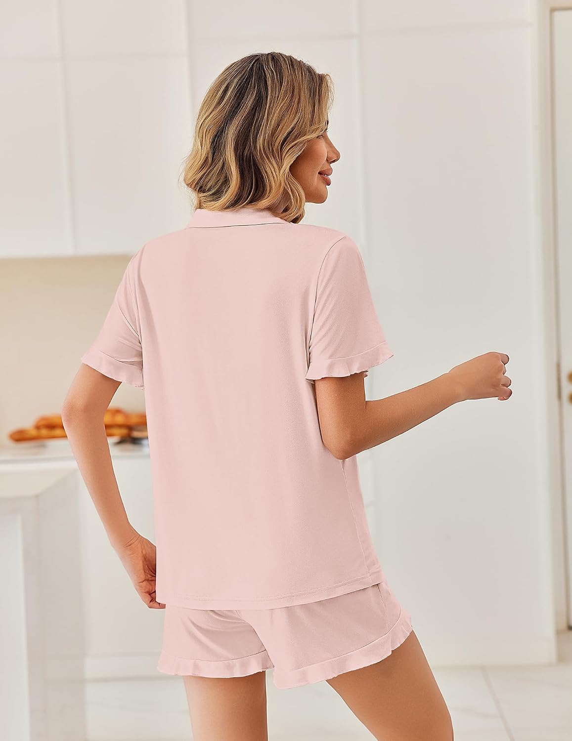 Ekouaer Pajamas Set for Women Button Down Pjs Lounge Sets Ruffle Short Sleeve Sleepwear Cute Loungewear