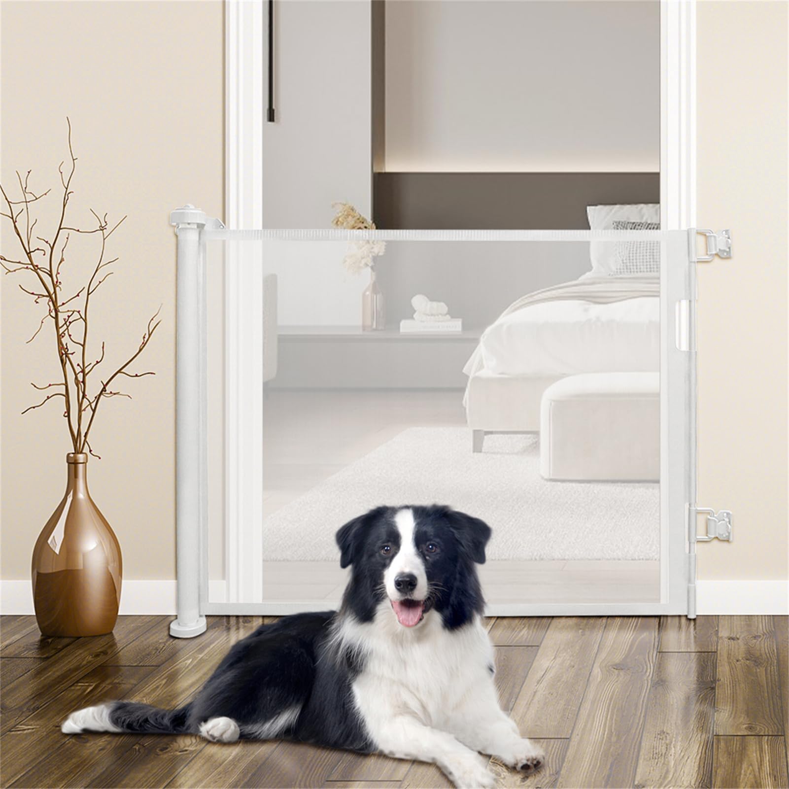 Barrera de seguridad extensible para bebés y perros, 86 cm de altura, 150 cm, color blanco