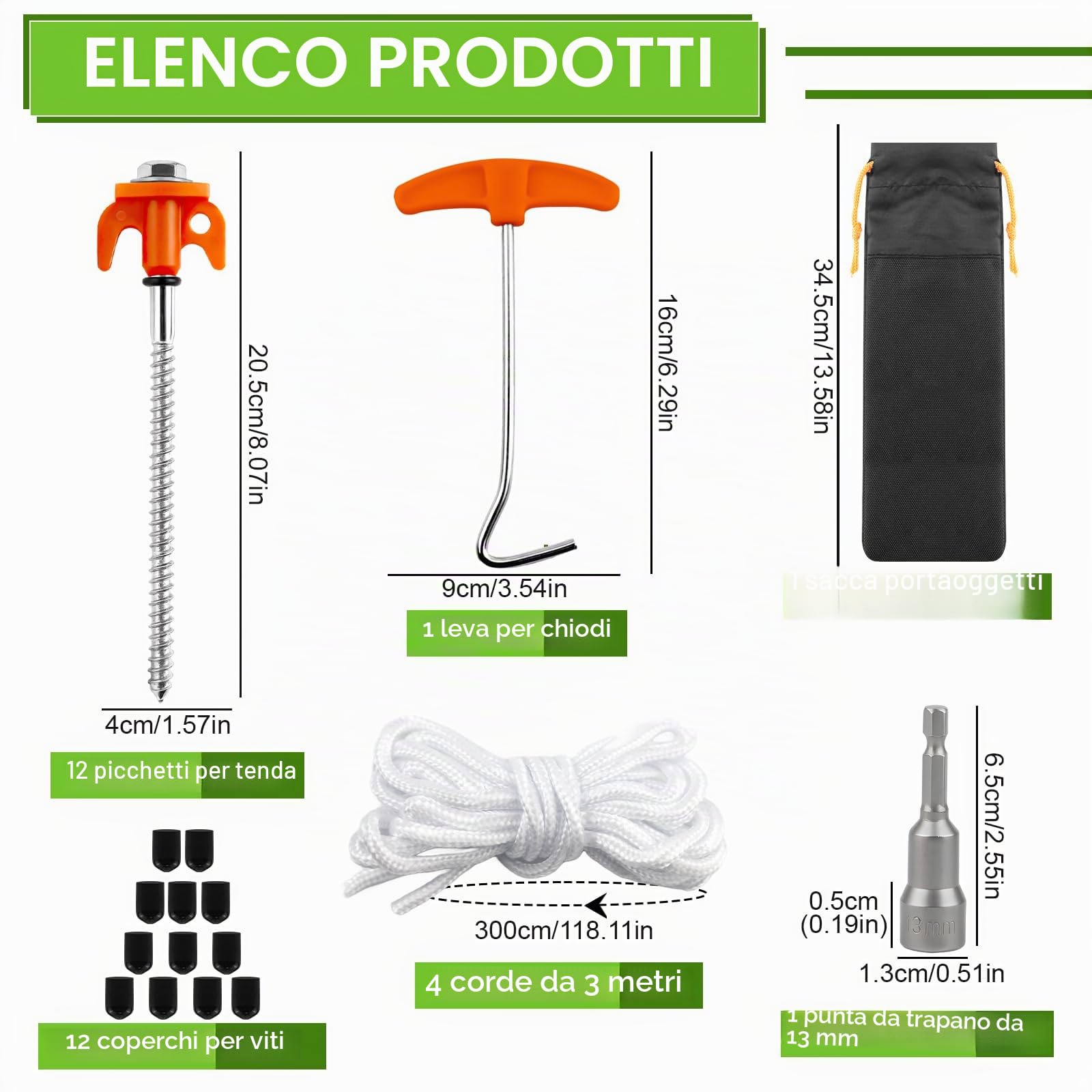 HA BIN 12x Picchetti per Tenda 20cm a Vite – Chiodi da Terra in Acciaio con Filettatura, Picchetti da Campeggio Antivento con Bussola Esagonale, Estrattore, Corde & Borsa – per Tende e Ombrellone
