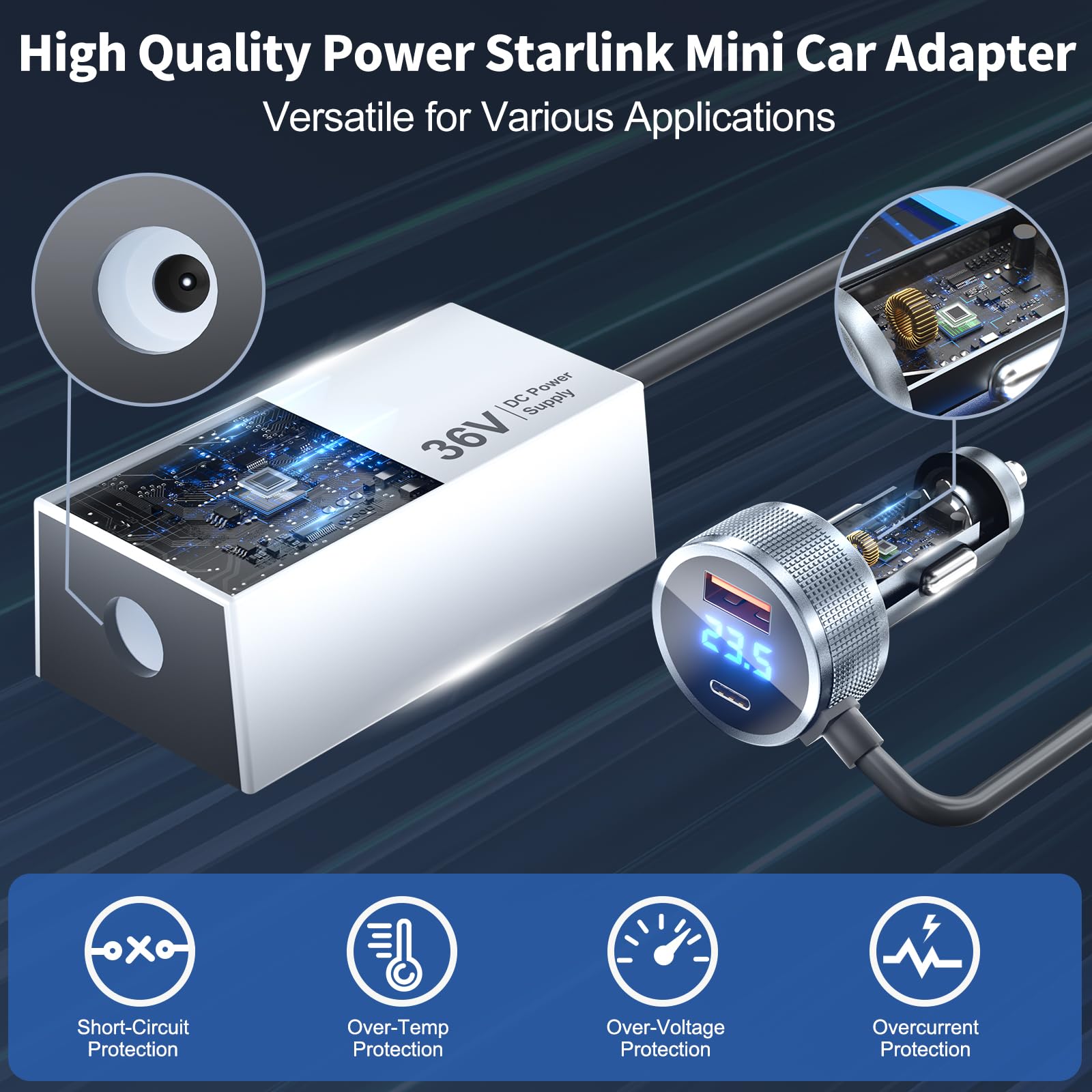 Starlink Mini adattatore per auto, caricabatterie da auto 12 V/24 a 36 V, convertitore step-up Starlink, mini accessori, 1 m, mini adattatore accendisigari per camper, camion/camper, auto, USB-C 45 W