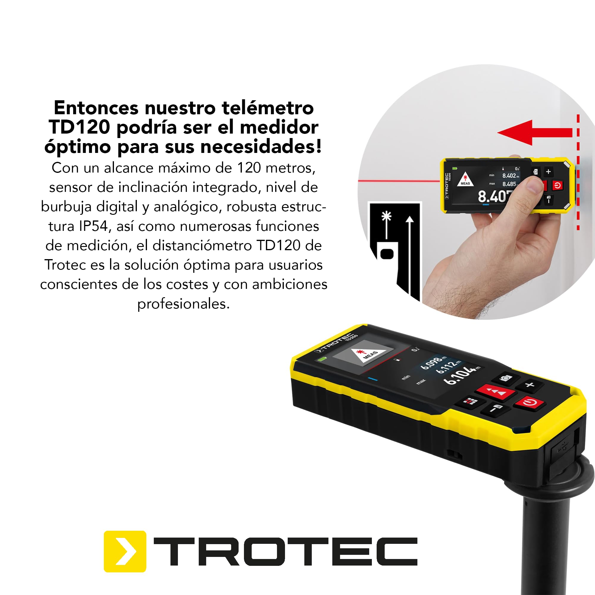 TROTEC Medidor láser de Distancia TD200 | para Aplicaciones de medición Profesionales de hasta 200 m de Alcance