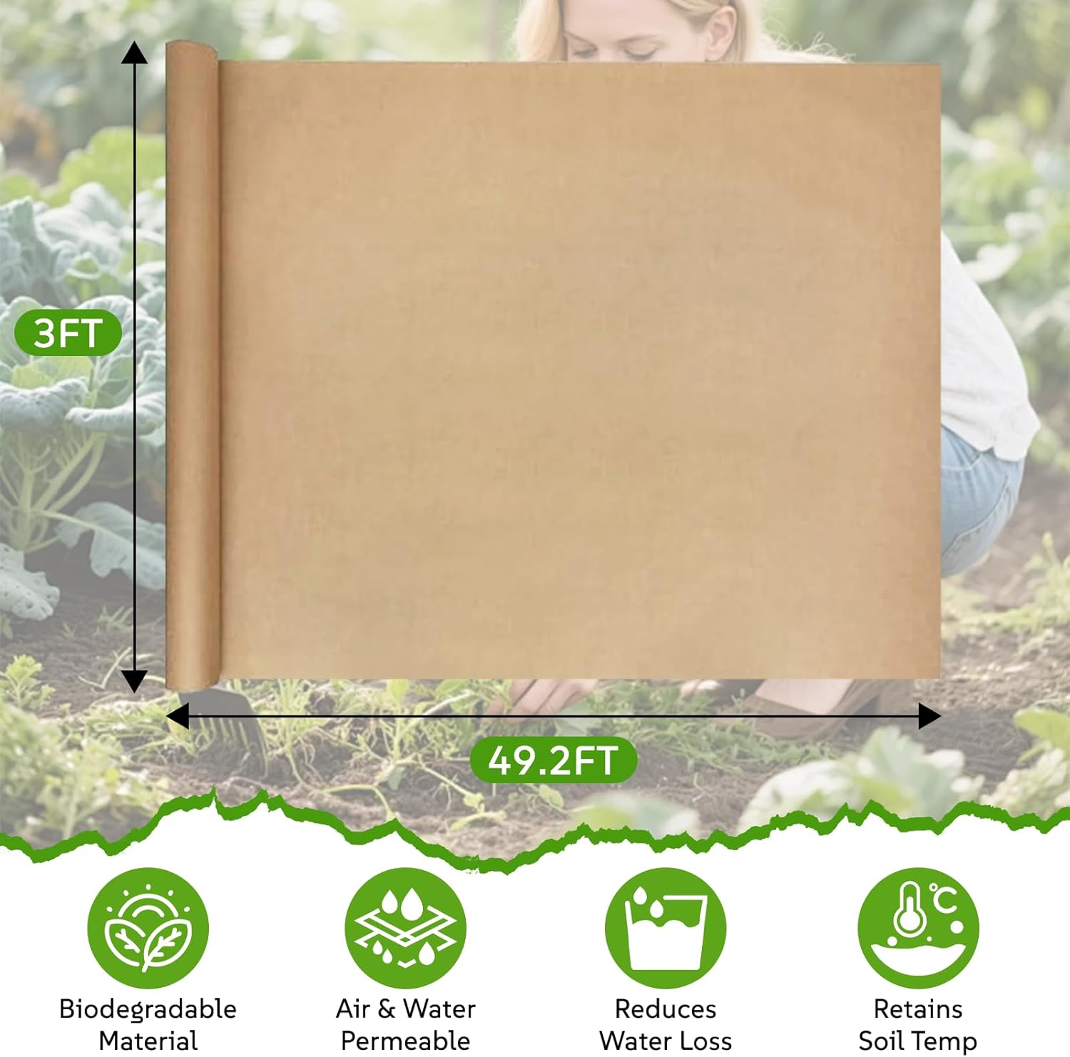 Biodegradable Paper Weed Barrier, 3 x 50 Ft Heavy Duty Landscape Fabric Paper Garden Mulch Rolls for Weed Grass Blocker, Paper Biodegradable Landscape Weed Barrier for Outdoor Garden Lawn