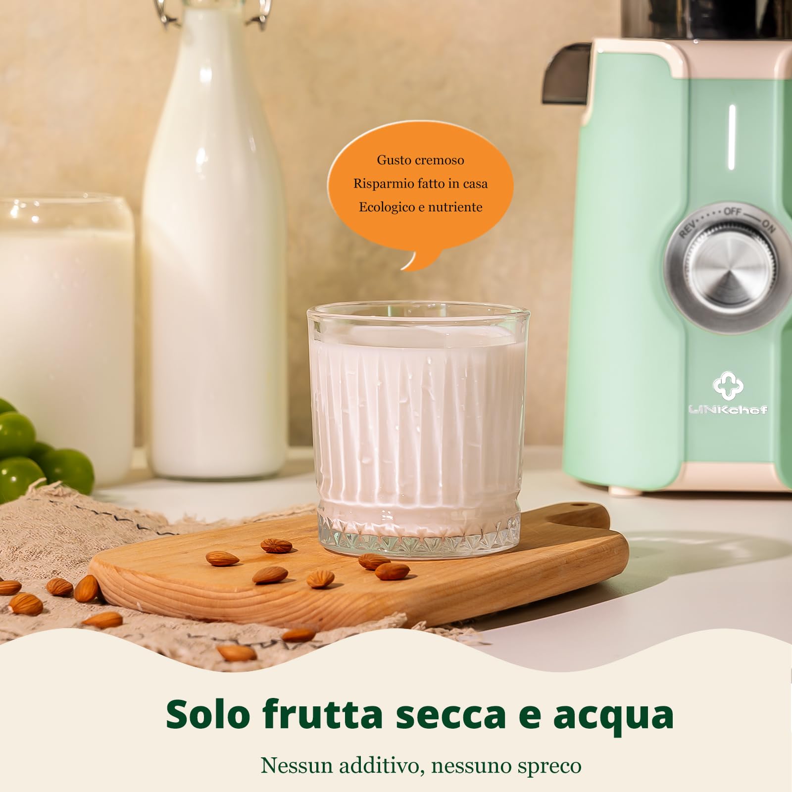 LINKChef Estrattore di succo per frutta e verdura, apertura 115 mm, 1,2 L, 200 W, slow juicer machine per frutta e verdura intere, senza BPA, facile da smontare e pulire, ricette incluse,verde chiaro