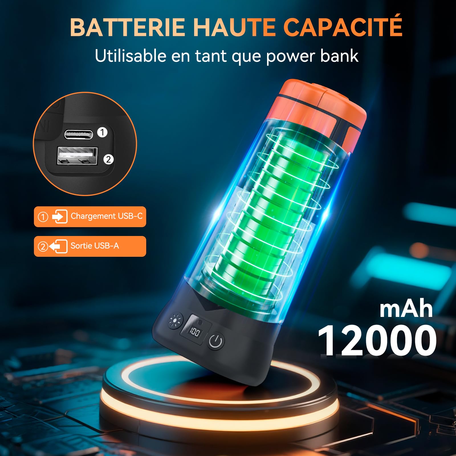 Projecteur de Chantier avec Trépied, 12000mAh Rechargeable Lampe de Camping LED à 3 Têtes, 5000LM 6500/4500/3500K Réglable & 5 Mode, Lampe de Travail Portable pour Pêche, Atelier, Urgence (Orange)