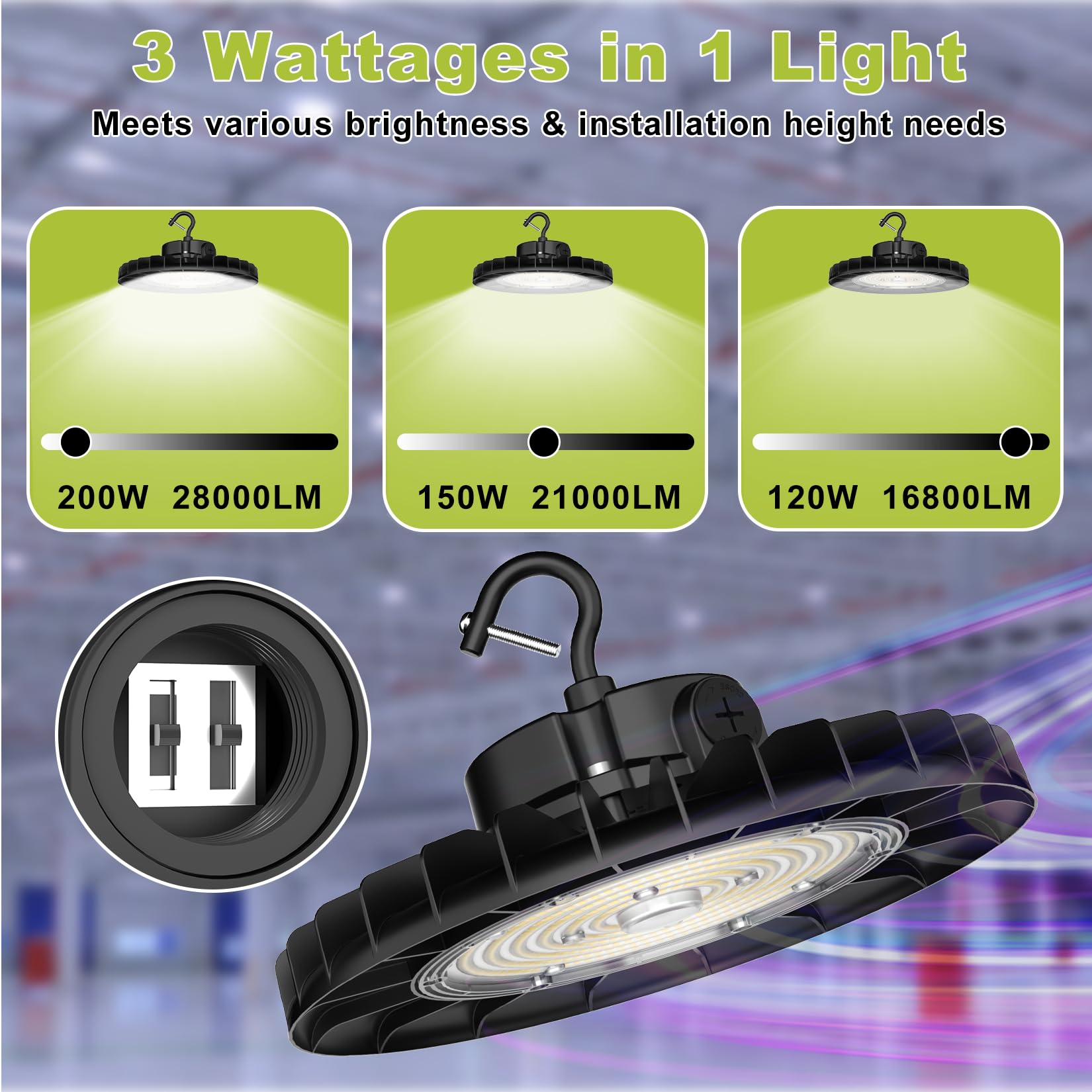 UFO LED High Bay Lights Dimmable 200W 28000LM 150W 120W Switchable 5000K Daylight Commercial Highbay Lighting ETL for — view 3