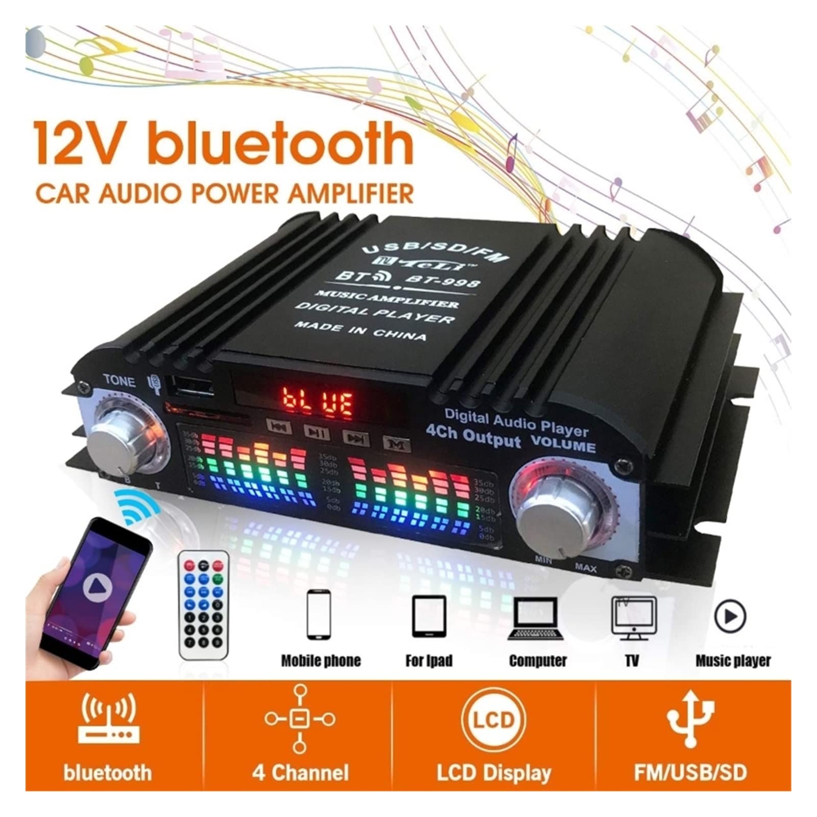 DC 12V 4-kanałowy wzmacniacz mocy samochodowy System Stereo Box 4 kanał głosowy FM U dysk odtwarzacz,Szeroka kompatybilność