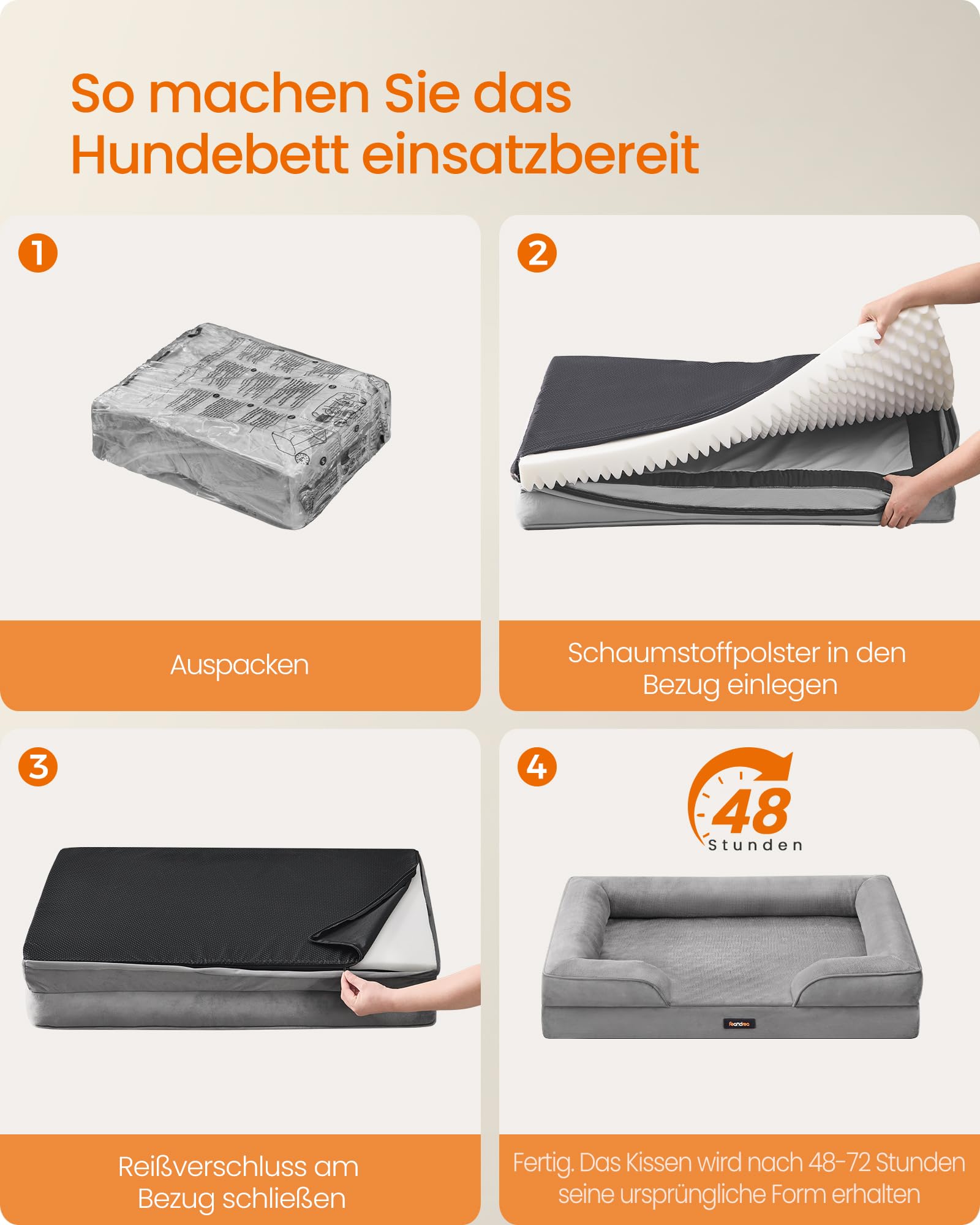 Feandrea Orthopädisches Hundebett, Hundekissen L, erhöhter Rand, Noppenschaumstoff, Bezug abnehmbar, waschbar, rutschfest, Innenfutter wasserabweisend, Taubengrau, 89 x 63 x 16 cm PGW322GD01