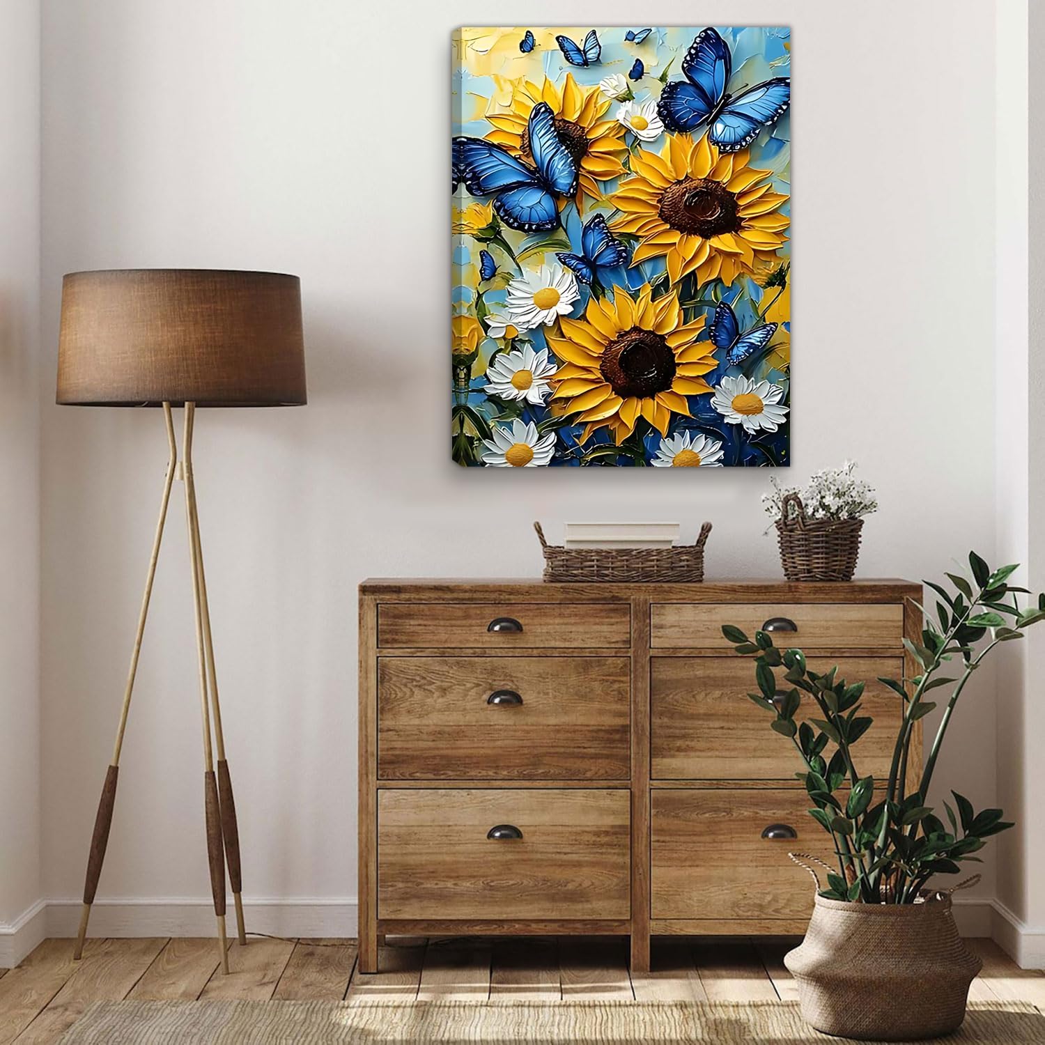 2D Oil Blue Butterfly Canvsa Wall Art, Sunflower Painting Poster Wall Decor,Daisy Print Picture for Living Room Bathroom Bedroom Home Decoration 16*24 IN(Stretched Canvas on A Wooden Frame)