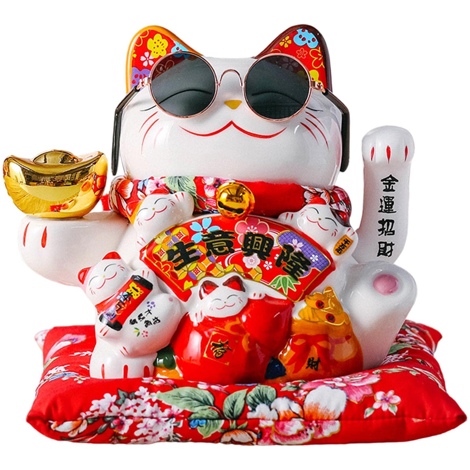 Pleayietoopiatiey Ceramic Lucky Cat Figure Toy Waving Fortune Welcoming Good Luck Chinese Ingot Sunglasses