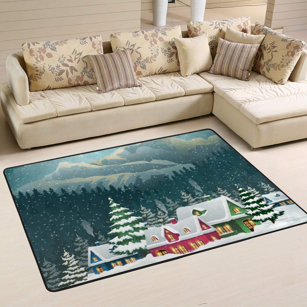 Tapis de salon Noël paysage enneigé grand format pour décorer votre pièce à vivre