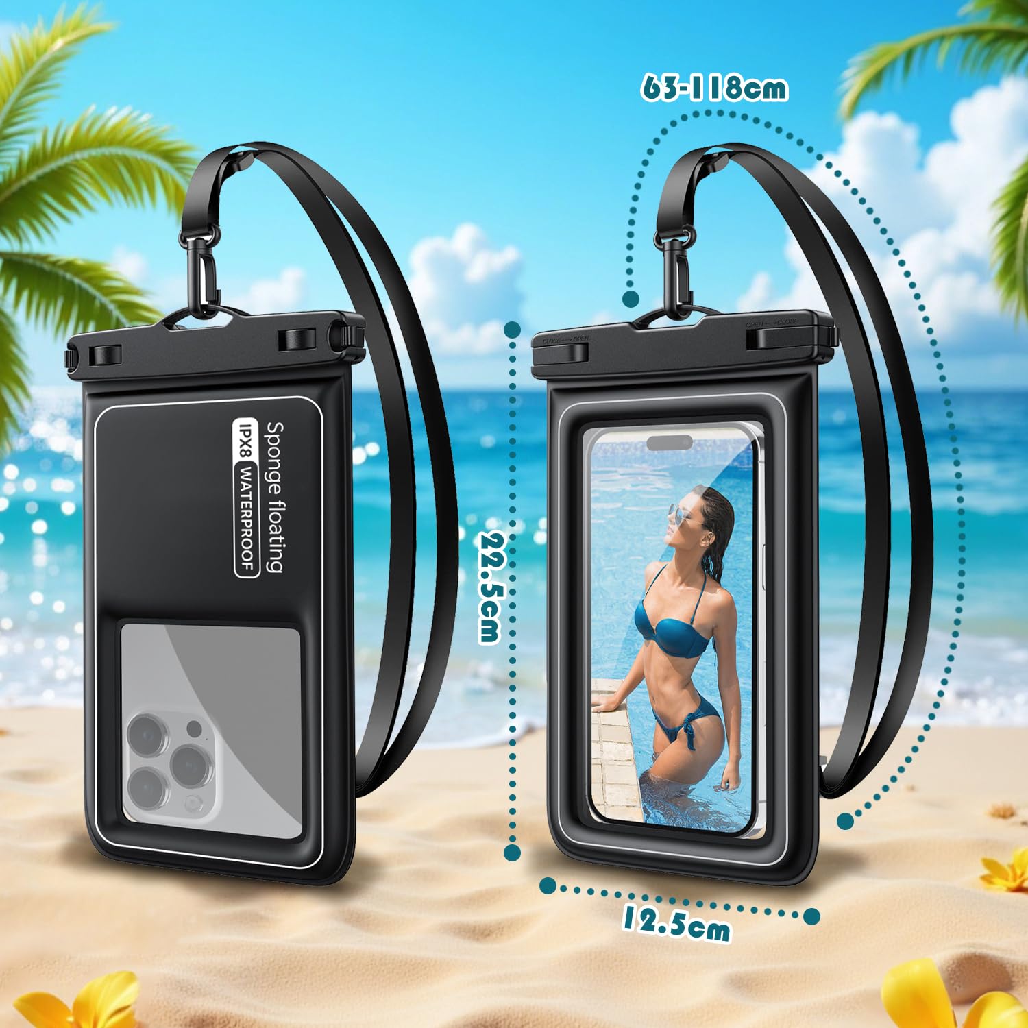 2-teiliges schwimmendes wasserdichtes Handy-Tasche, IP68 Unterwasser-Handyhülle bis 7,5 Zoll, HD-Touchscreen, schwarz