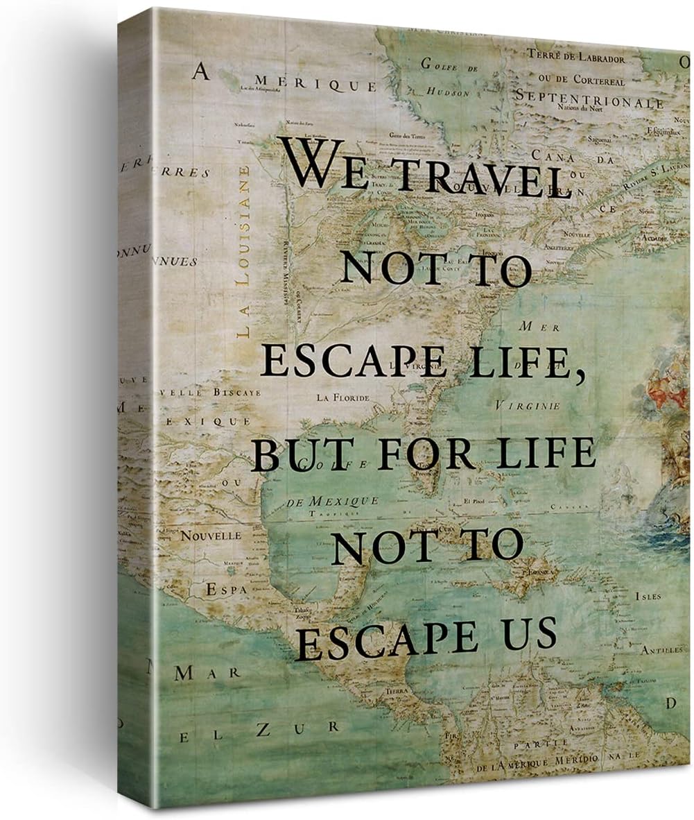 LEXSIVO Retro Style Inspirational Travel Quote Print Canvas Wall Art Home Office Decor We Travel Not to Escape Life Painting 12x15 Canvas Poster Framed Ready to Hang