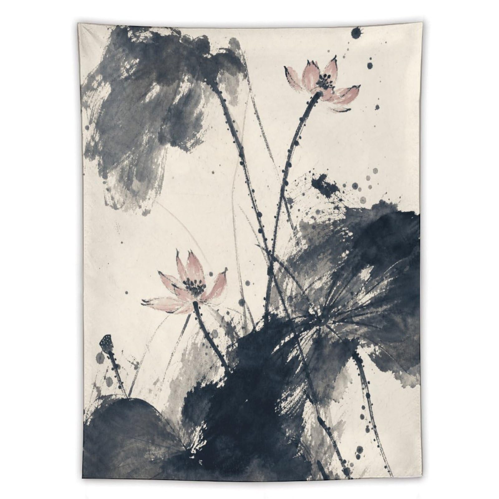 H3B8U2Y5 Ink Lotus and Mountains Wall Tapestry, Asian Ink Style, Dorm Room