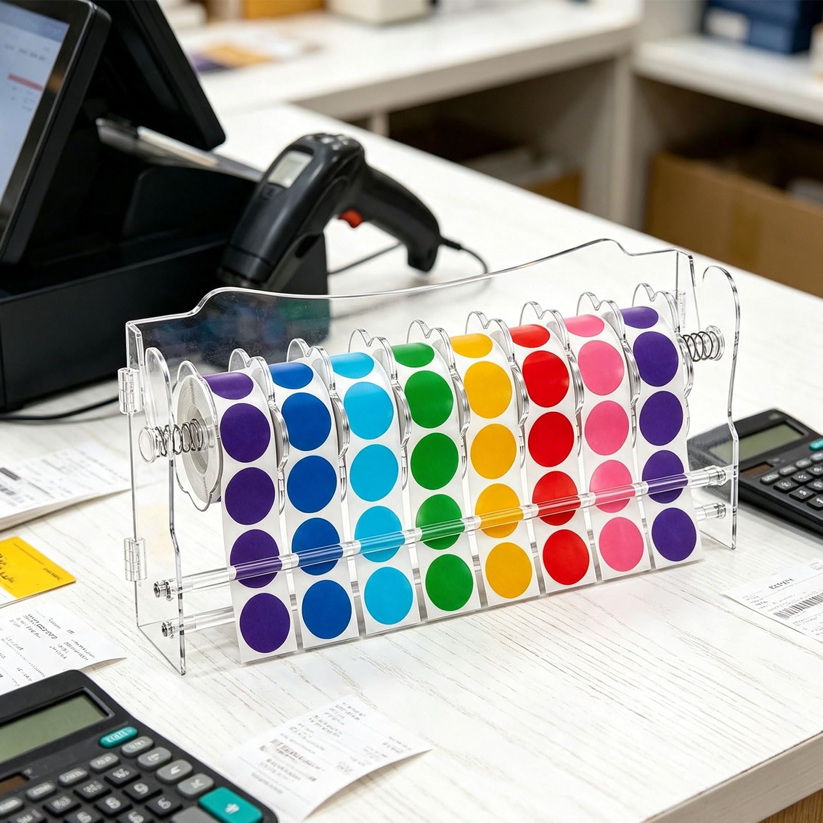 Desktop Etikettenständer, runder Aufkleberspender aus Acryl