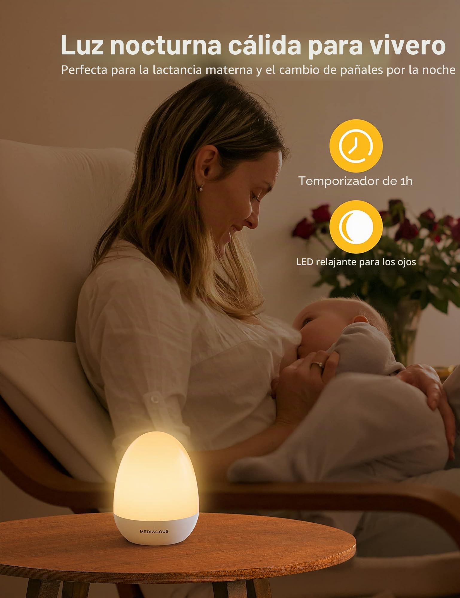 MediAcous Luz Nocturna Infantil Luz Quitamiedos Lámpara LED para Niños Recargable con Función Control Temporizador Luz Cálida con Base de Recarga, Regalo para Niños