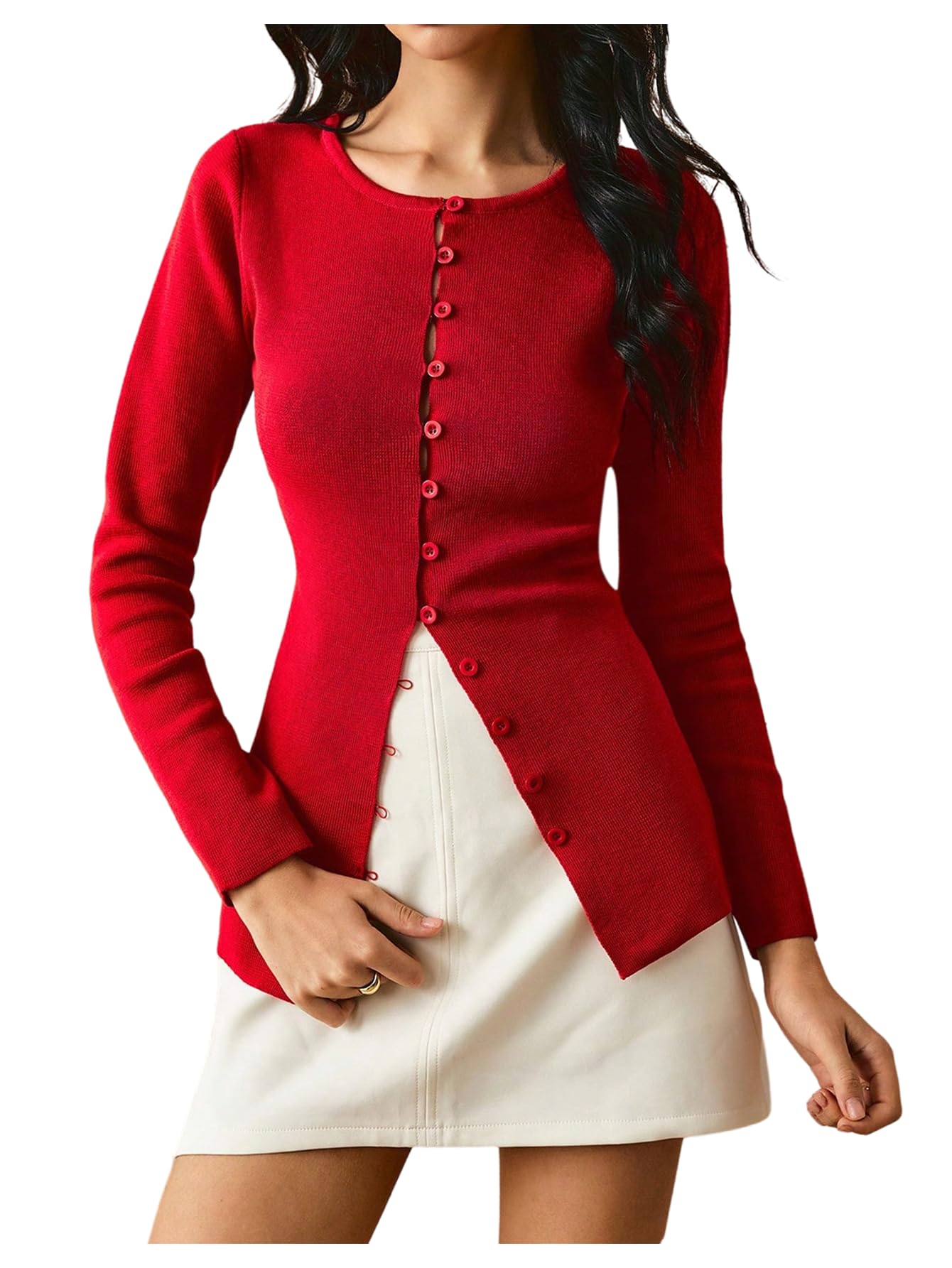 SweatyRocks Womens Long Sleeve Button Down Cardigan Y2K Split Crew Neck Slim Fit Sweaters