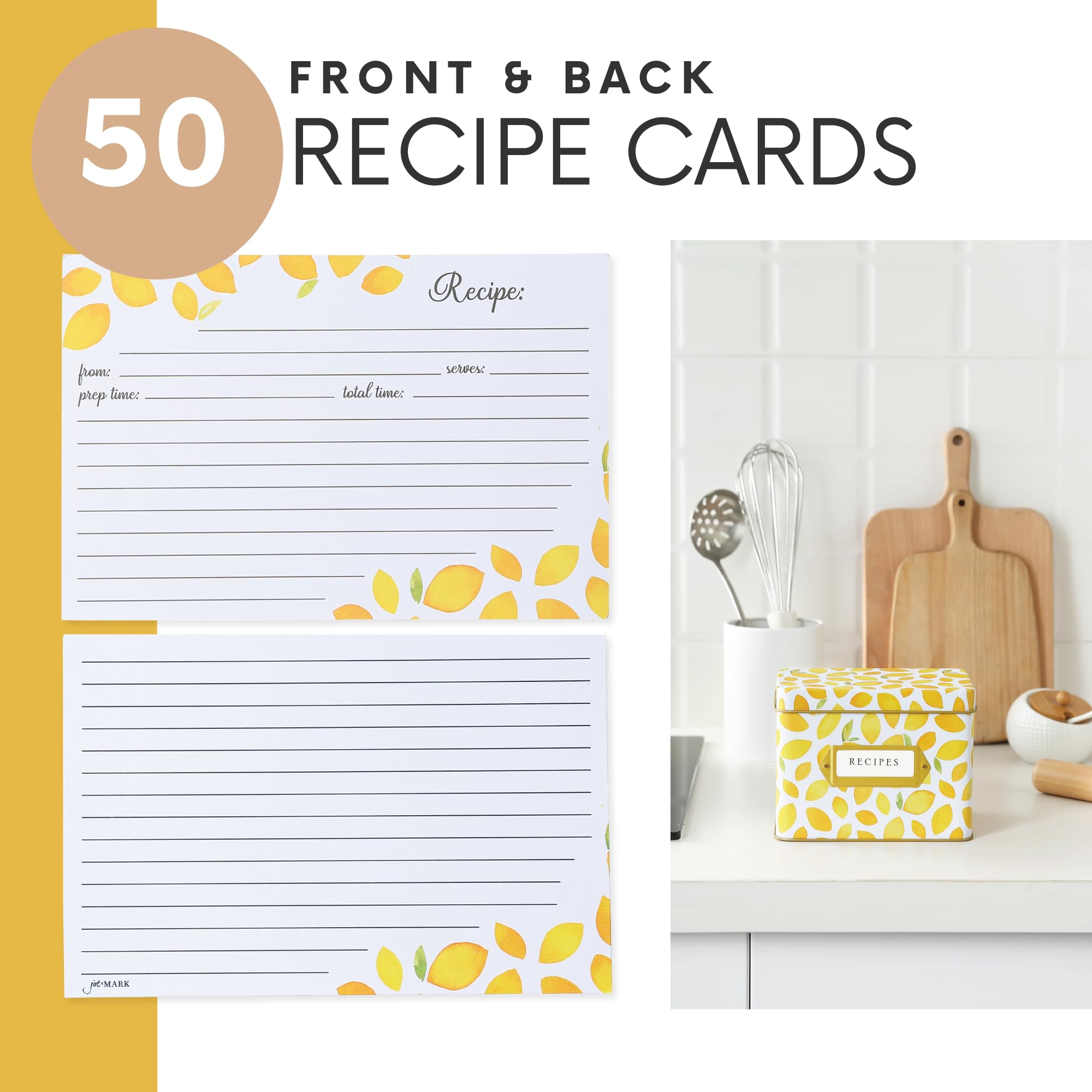 Jot & Mark Recipe Card Gift Box, 25 4x6 Inch Cards, 14 Dividers, Decorative Tin Box