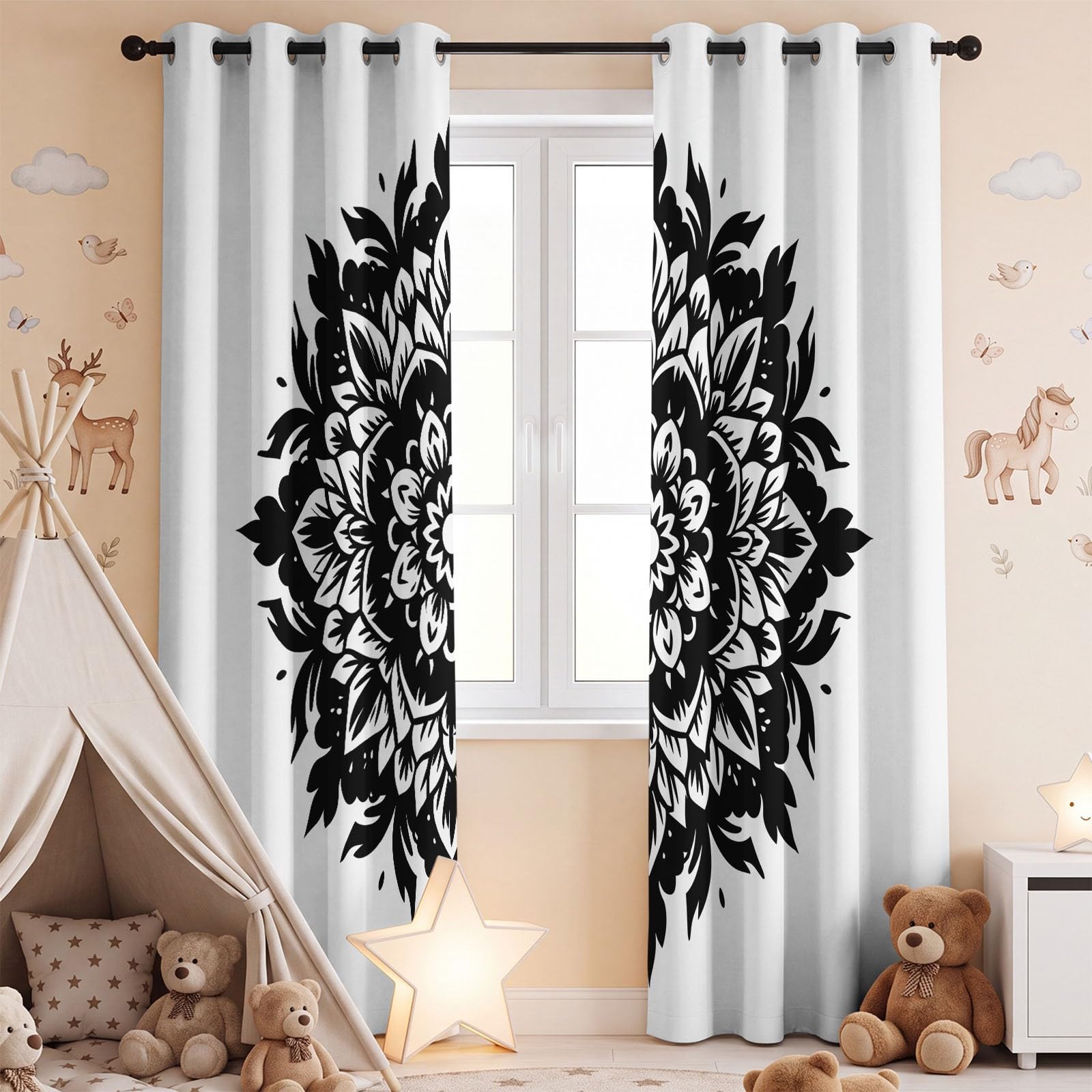 Lot de 2 Rideaux Opaques et occultants - Mandala Pétales Noir et Blanc Symétrique Rond Méditation Motif Zen Géométrique - pour Ferme, Salon, Chambre à Coucher - 132 x 214 CM cm