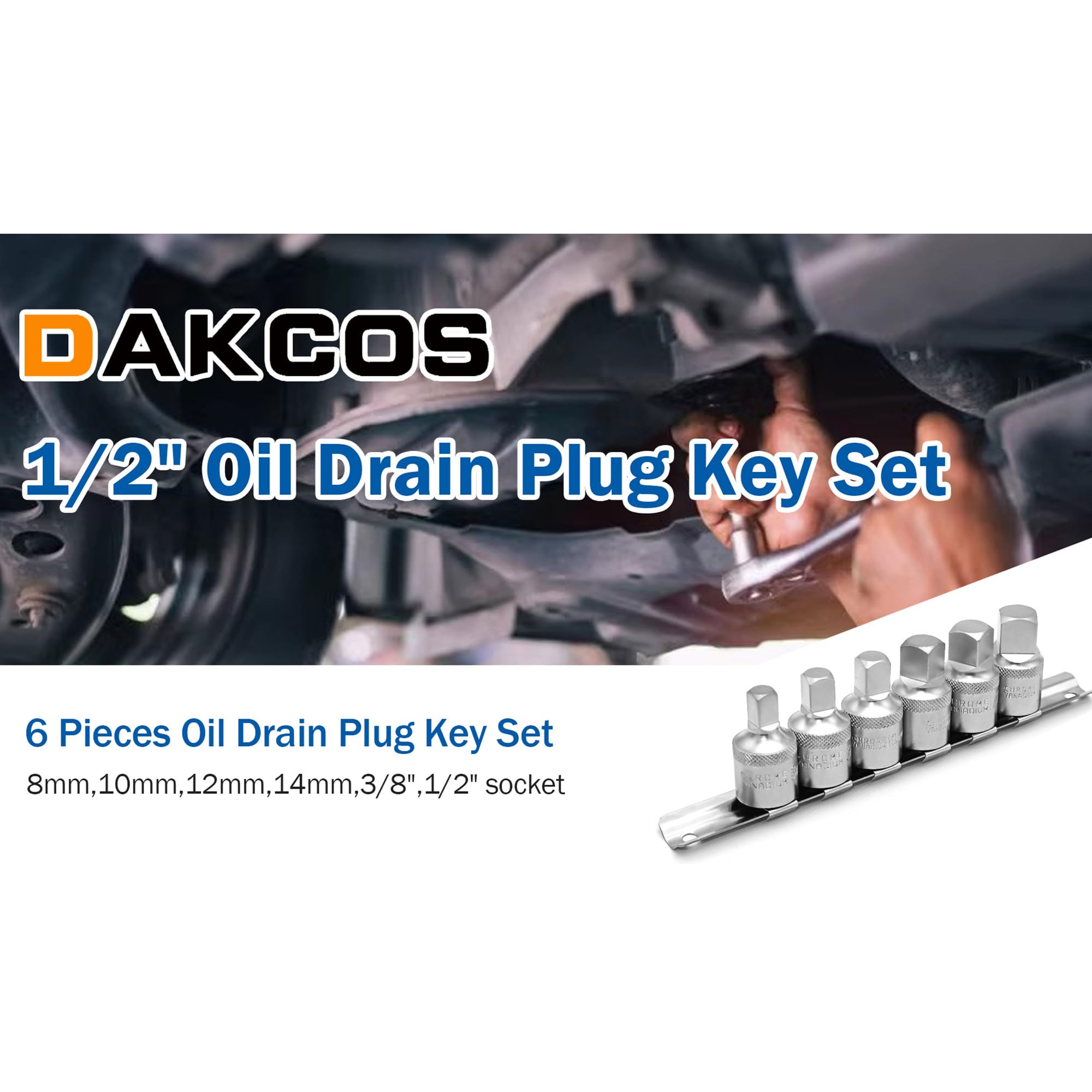 DAKCOS Juego de 6 Llaves de Aceite para Tapones Carter, 1/2" 4PC métricas de 8 mm/10 mm/12 mm/14 mm, Llave para el servicio de aceite de 3/8" y 1/2", acero al cromo vanadio