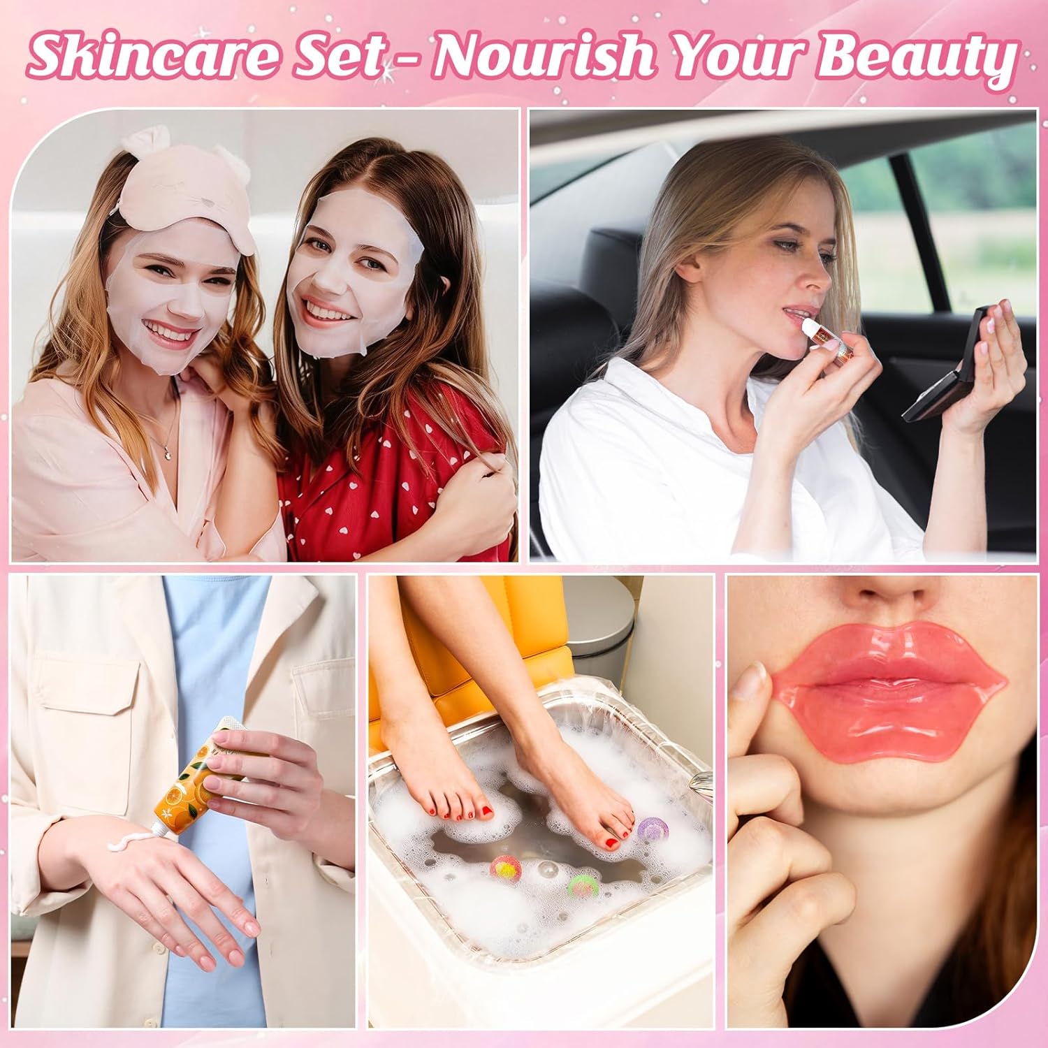 104PCS Sleepover Spa Party Supplies, Include Face Masks, Lip Balm, Hand Cream, Under Eye Patches, Lip Mask, Foot Bath Bombs, Hair Comb, Headband, Spa Birthday Kit for Women Girls Gift Skincare Set
