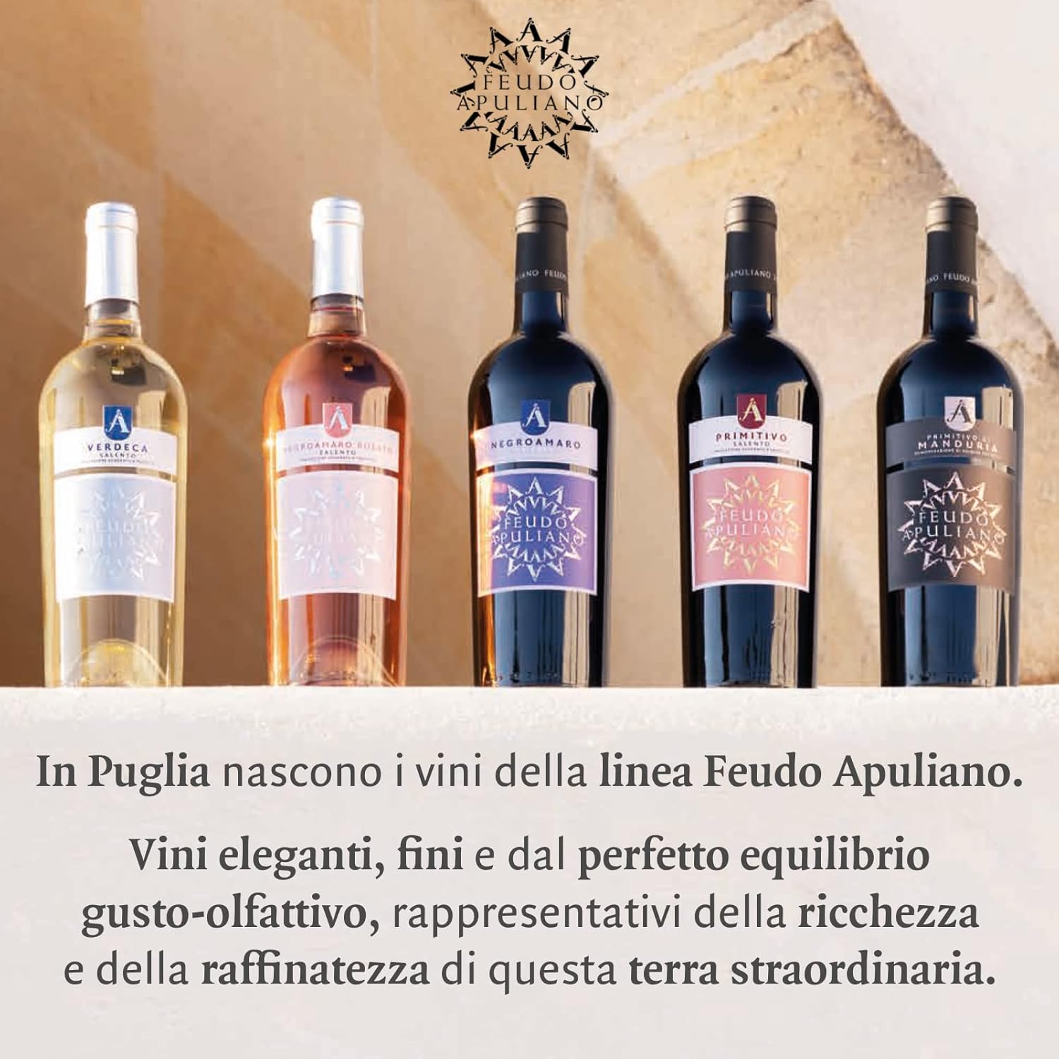 Feudo Apuliano Primitivo di Manduria DOP, Vino Rosso dal Gusto Corposo, Caldo con Retrogusto Persistente e Avvolgente, con Note di Frutta Matura, 15% Vol, Confezione con 6 Bottiglie da 750 ml