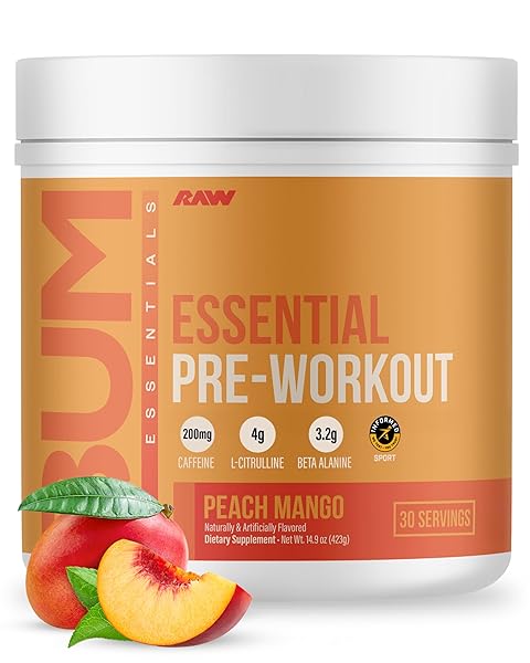RAW Nutrition - Essential Pre - Chris Bumstead Pre Workout Formula, Sports Nutrition Pre-Workout Powders | Men & Womens Drink, Energy Powder for Working Out (Peach Mango)