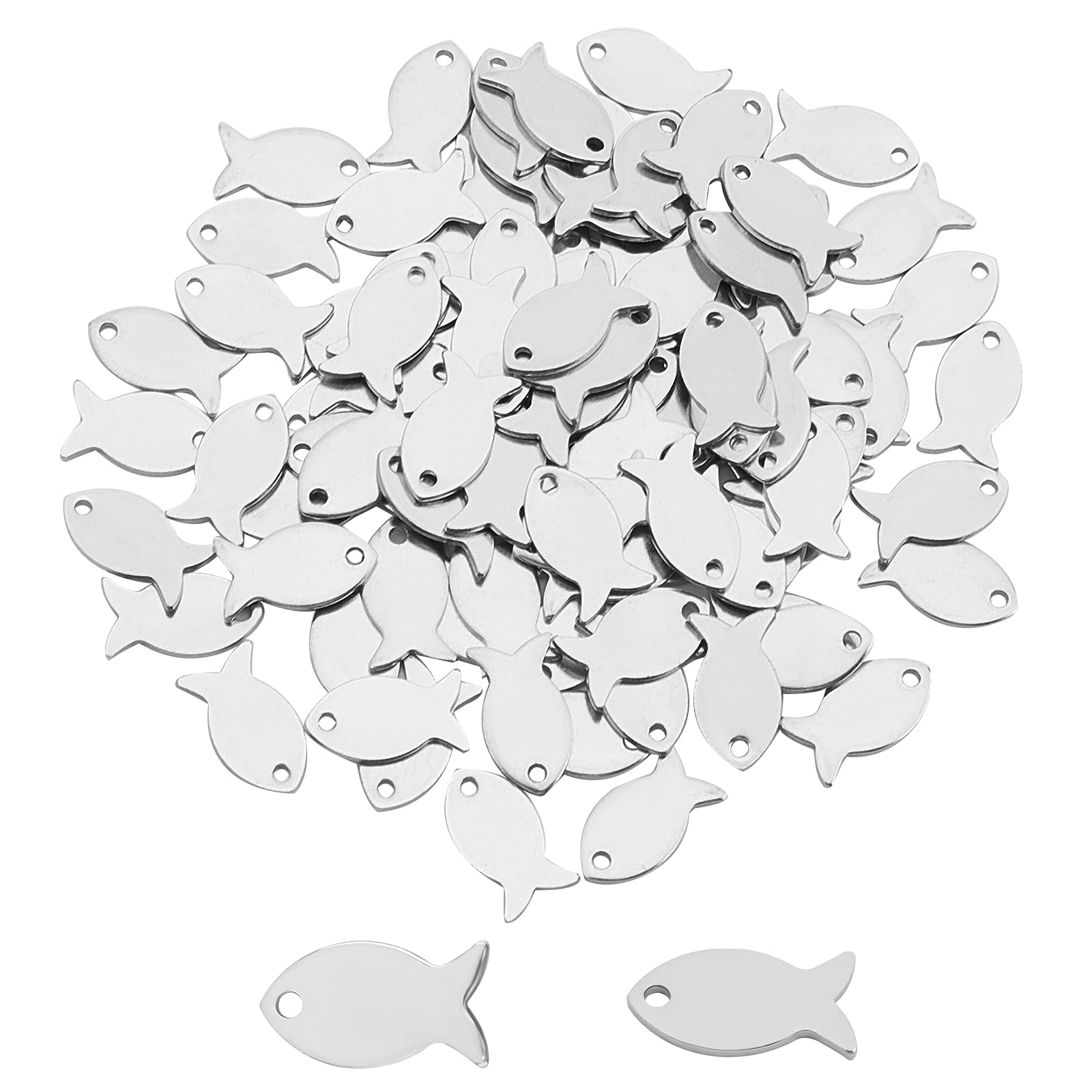UNICRAFTALE100pcs 304 Stainless Steel Charms Fish Dangle Charm 1mm Hole Silver Tone Pendants for DIY Crafting Necklace Bracelet Jewelry Making 13x7x1mm