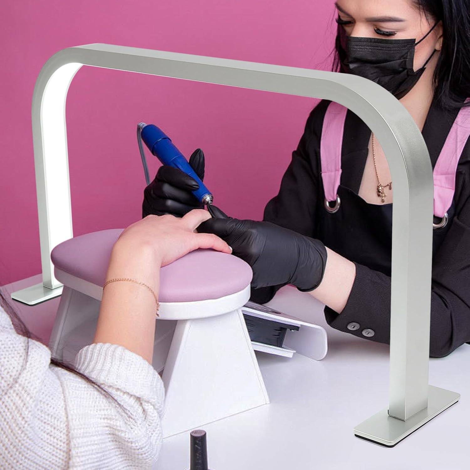 Nail Lamp for Desk, 21.65IN Half Moon Lamp with 3 Color Modes, 10-Level Adjustable Brightness Desk Lamp for Nail Tech, Lash Extensions (Silver)