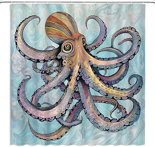 Miniatura 2 de Cortina de ducha bohemia con diseño de pulpo, diseño abstracto de Kraken con diseño floral bohemio, océano, gigante, vida marina, tentáculo, cortina